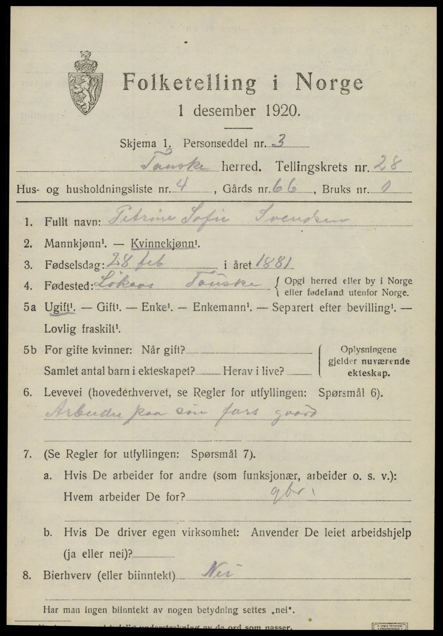 SAT, 1920 census for Fauske, 1920, p. 17002