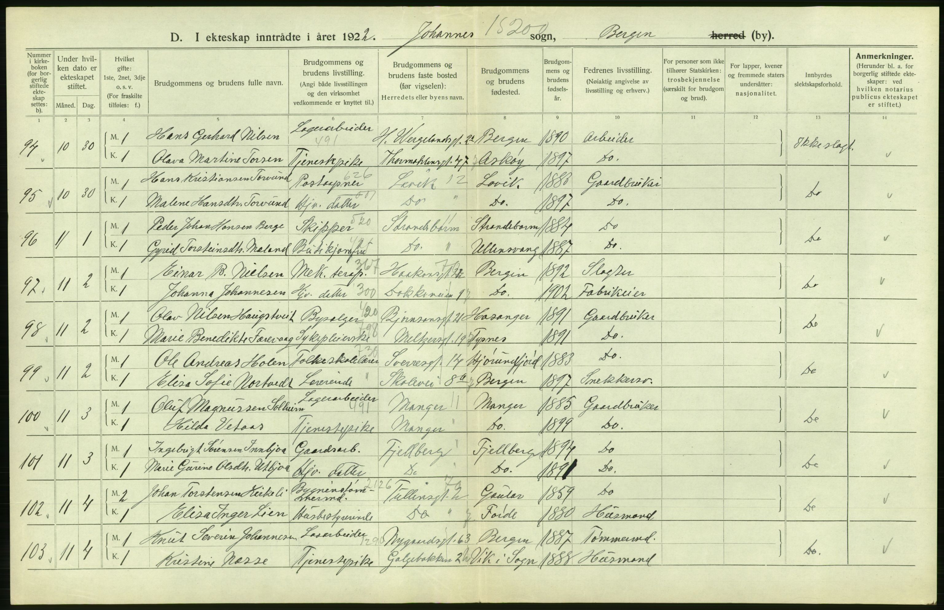 Statistisk sentralbyrå, Sosiodemografiske emner, Befolkning, AV/RA-S-2228/D/Df/Dfc/Dfcb/L0030: Bergen: Gifte, døde, dødfødte., 1922, p. 208