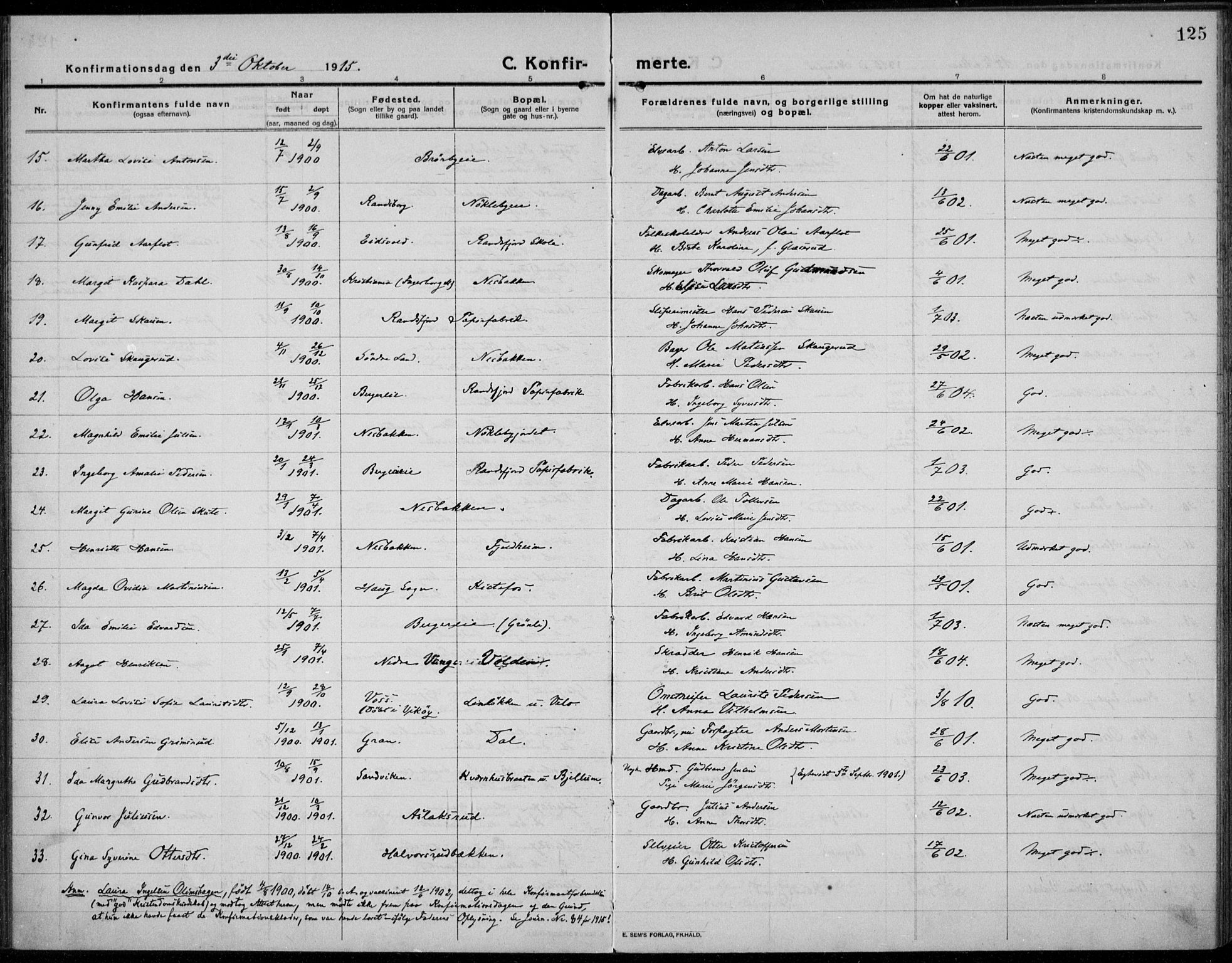 Jevnaker prestekontor, SAH/PREST-116/H/Ha/Haa/L0012: Parish register (official) no. 12, 1914-1924, p. 125
