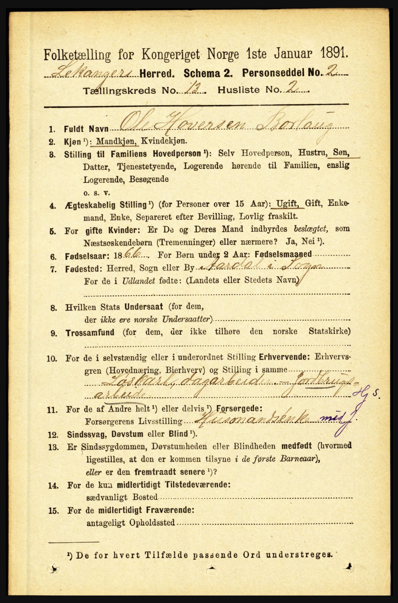 RA, 1891 census for 1419 Leikanger, 1891, p. 2465