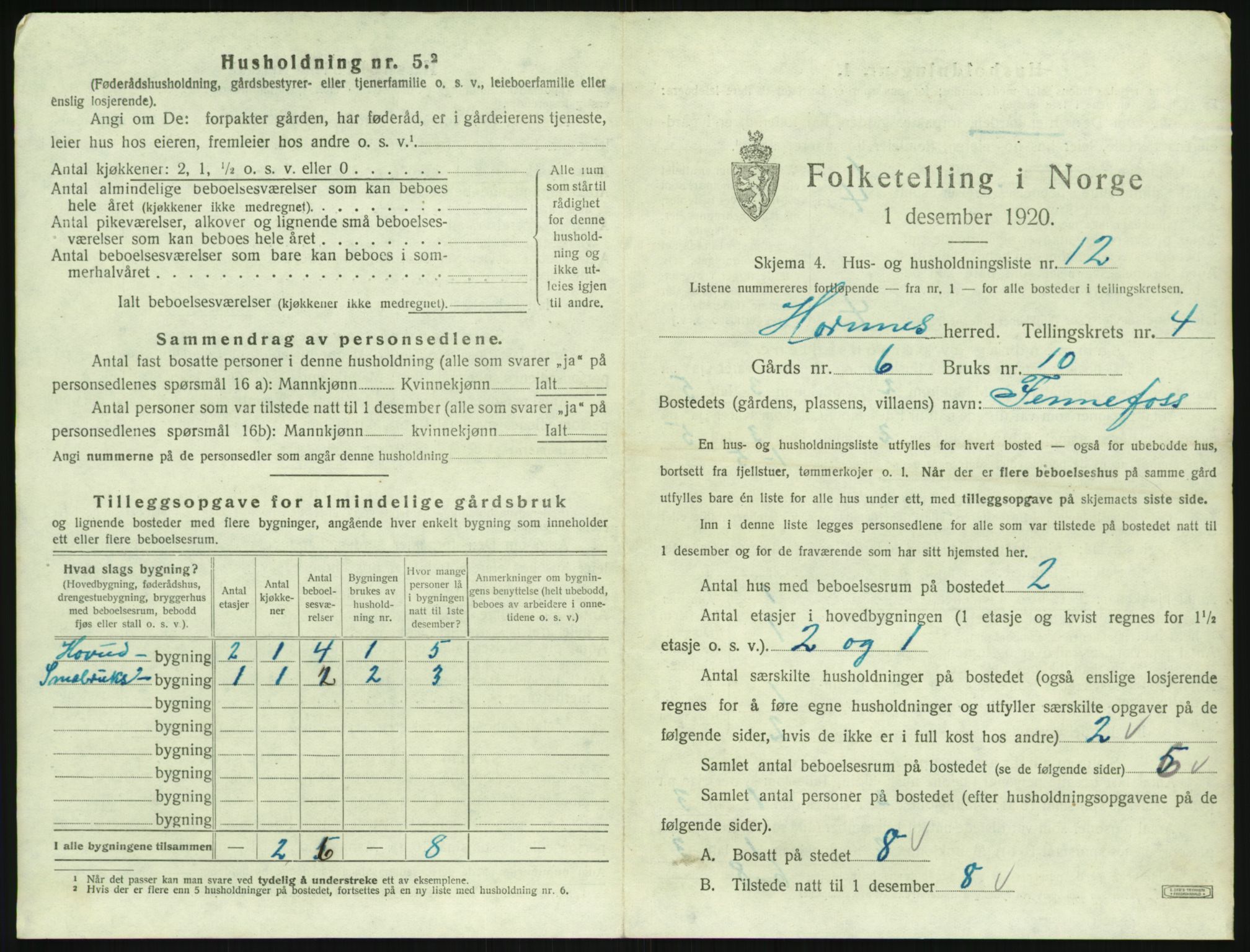 SAK, 1920 census for Hornnes, 1920, p. 195
