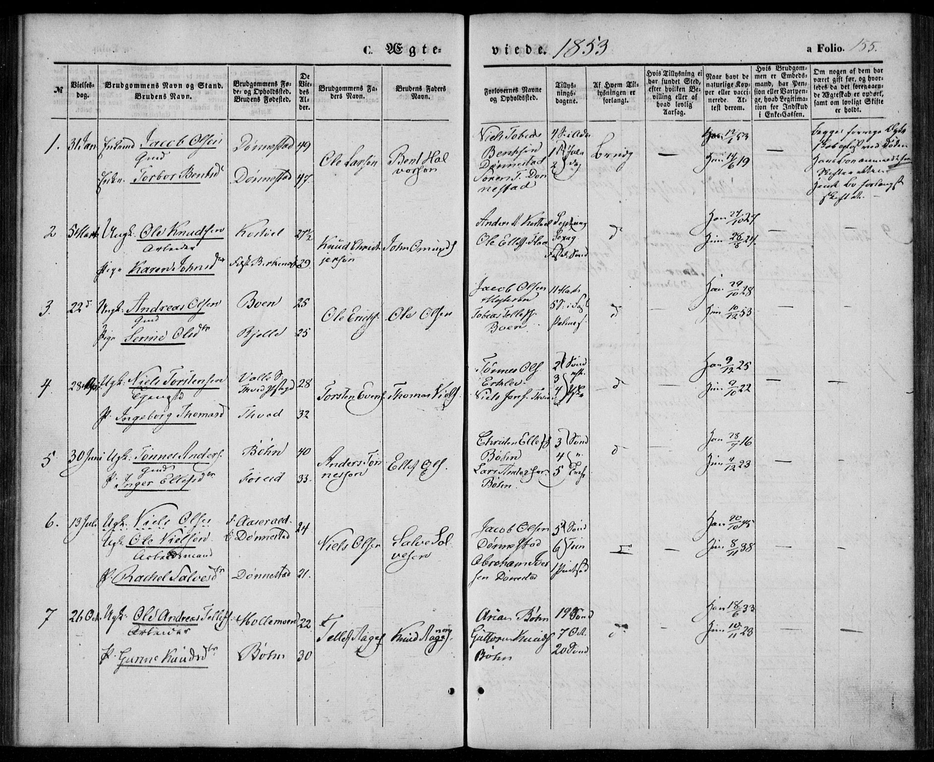Tveit sokneprestkontor, SAK/1111-0043/F/Fa/L0005: Parish register (official) no. A 5, 1853-1871, p. 155