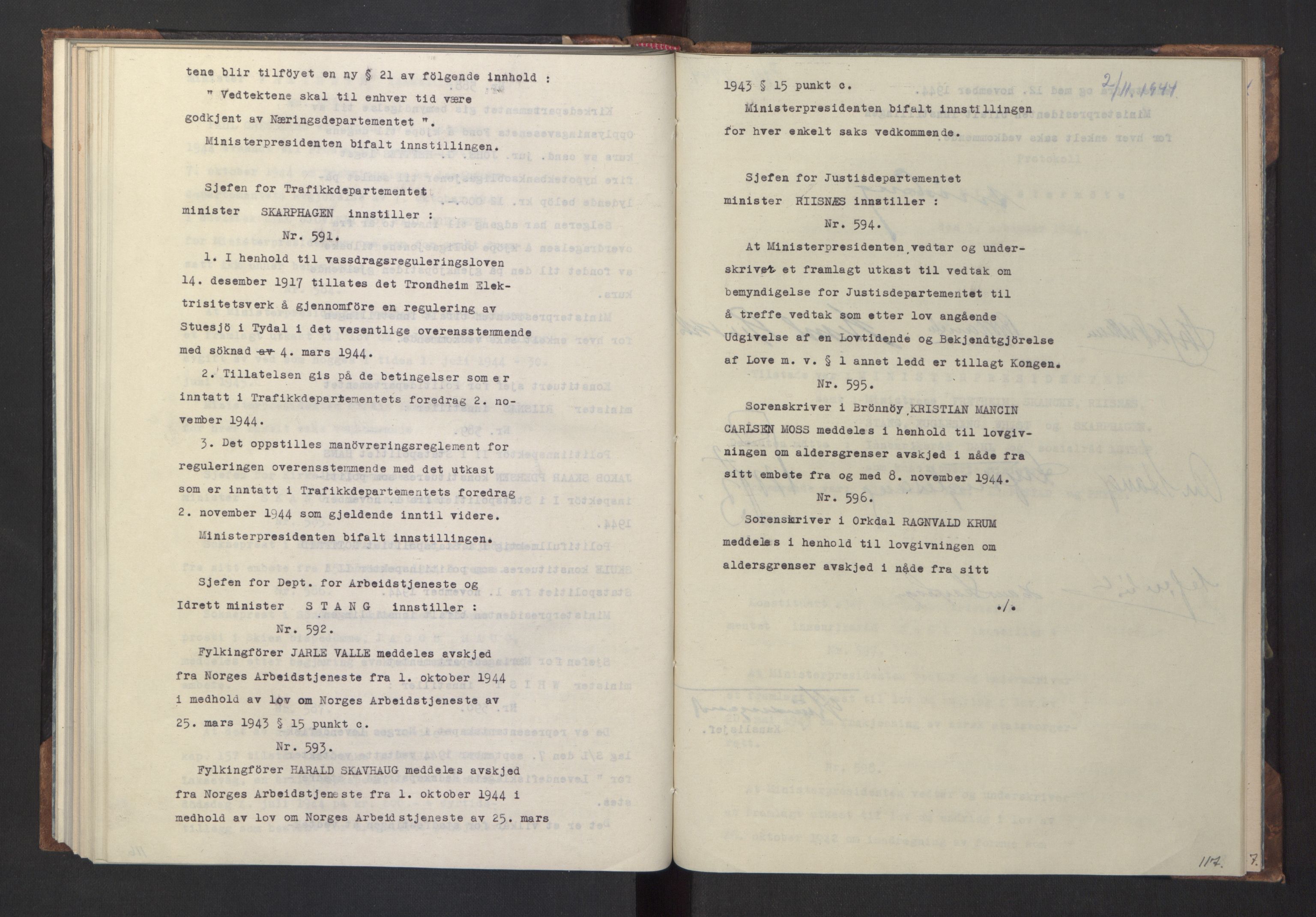 NS-administrasjonen 1940-1945 (Statsrådsekretariatet, de kommisariske statsråder mm), RA/S-4279/D/Da/L0005: Protokoll fra ministermøter, 1944, p. 119