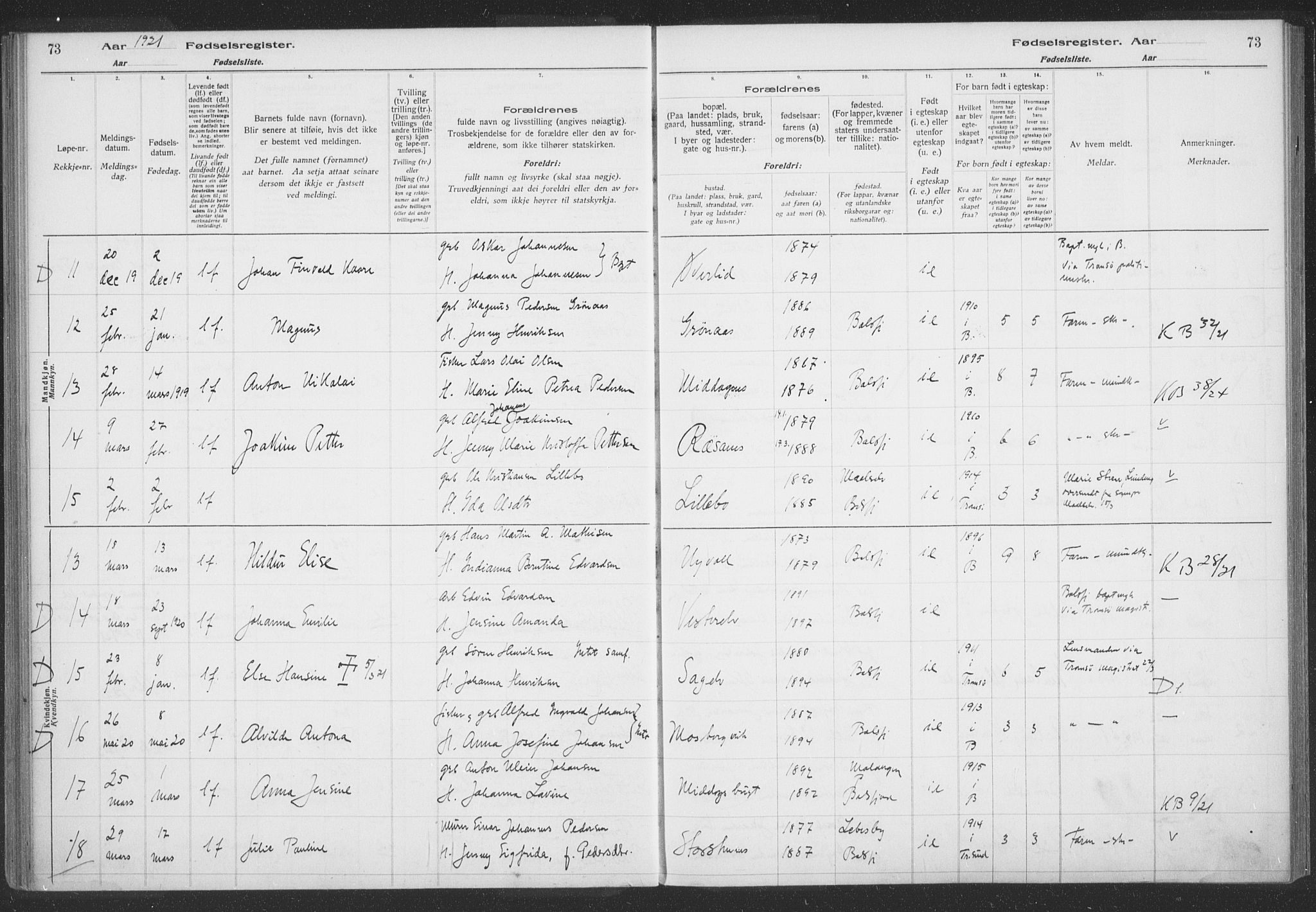 Balsfjord sokneprestembete, AV/SATØ-S-1303/H/Hb/L0059: Birth register no. 59, 1916-1930, p. 73