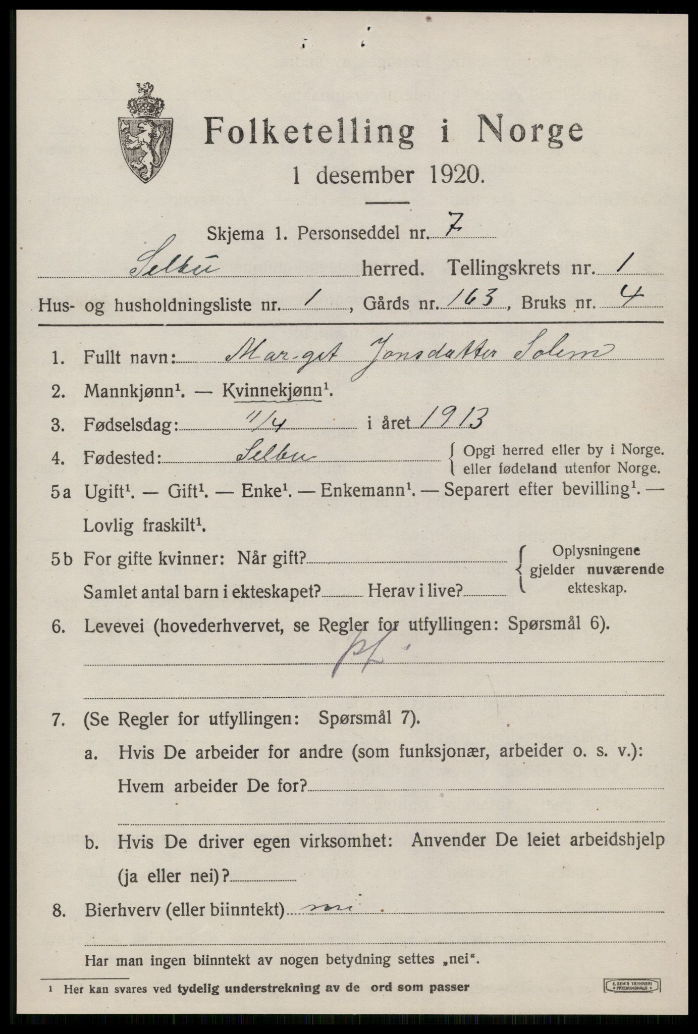 SAT, 1920 census for Selbu, 1920, p. 1686