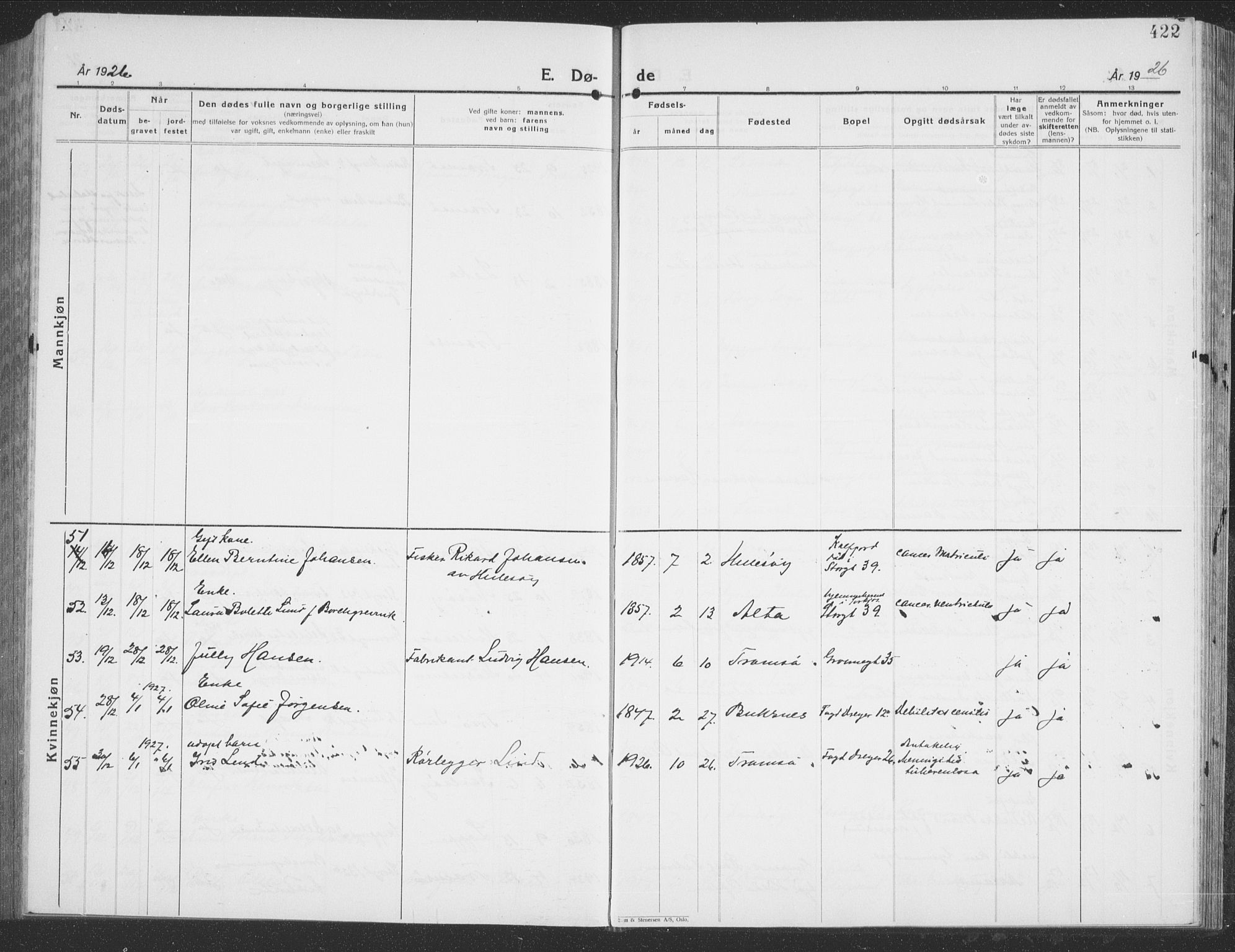 Tromsø sokneprestkontor/stiftsprosti/domprosti, SATØ/S-1343/G/Gb/L0010klokker: Parish register (copy) no. 10, 1925-1937, p. 422