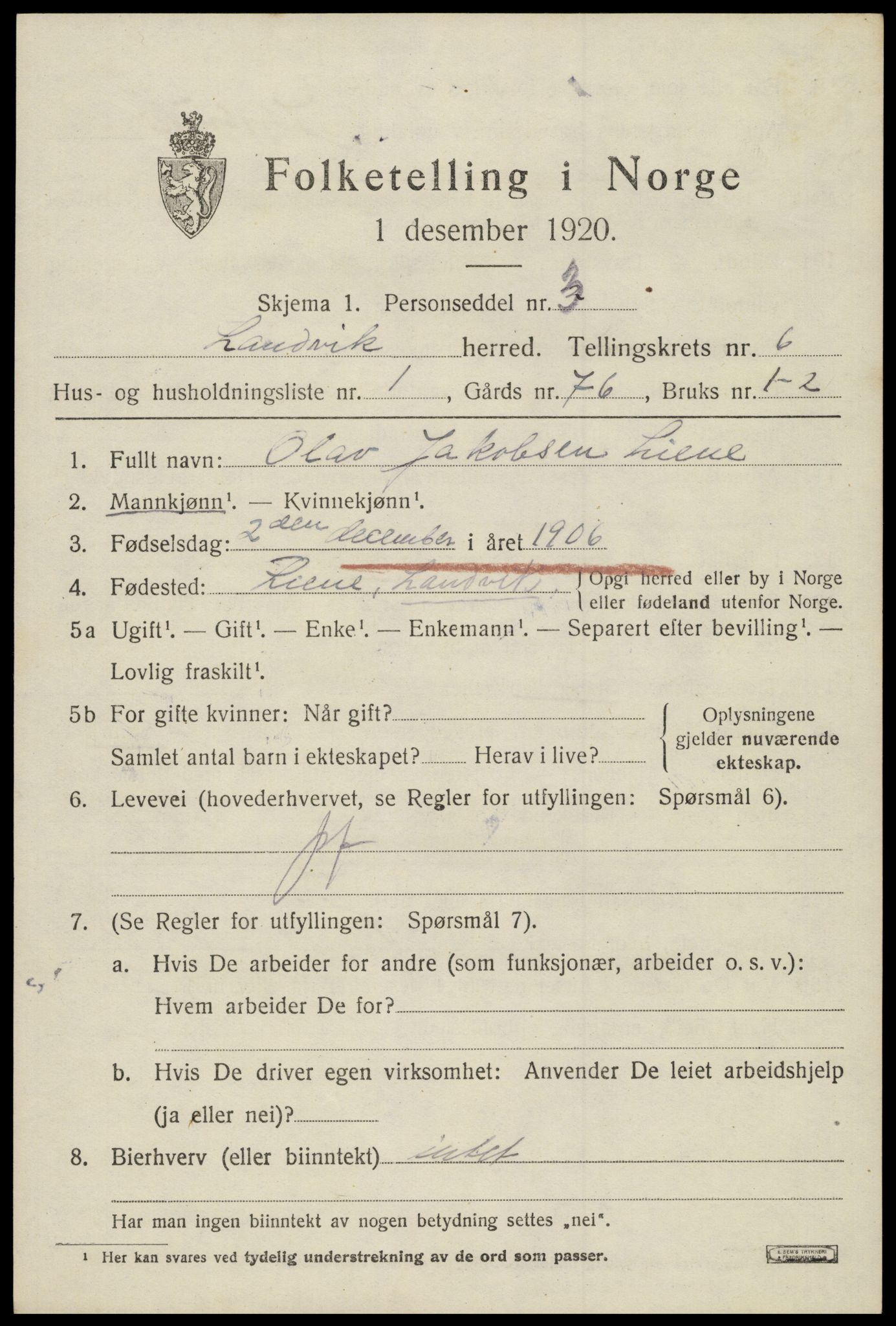 SAK, 1920 census for Landvik, 1920, p. 4452