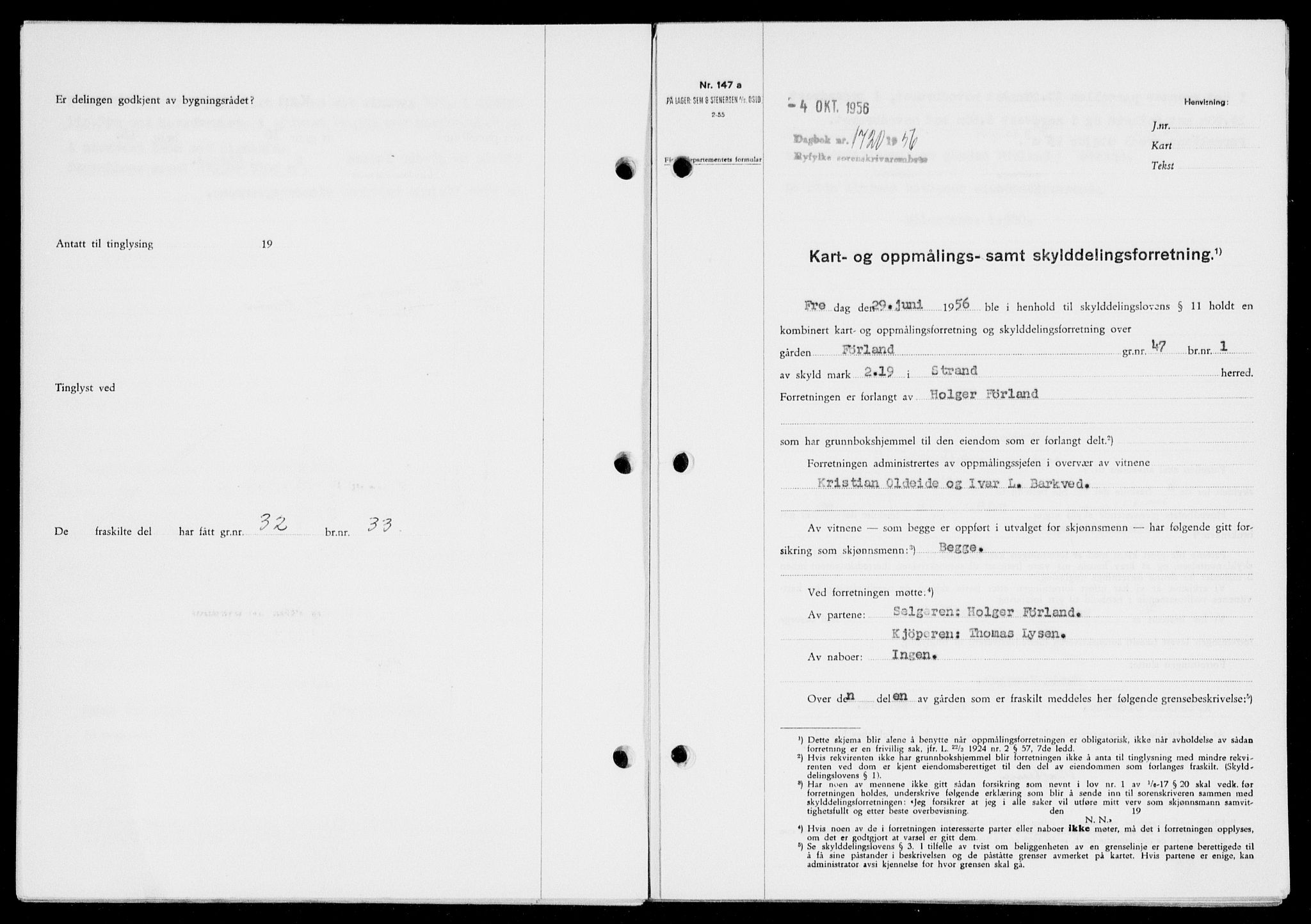 Ryfylke tingrett, SAST/A-100055/001/II/IIB/L0134: Mortgage book no. 113, 1956-1956, Diary no: : 1720/1956