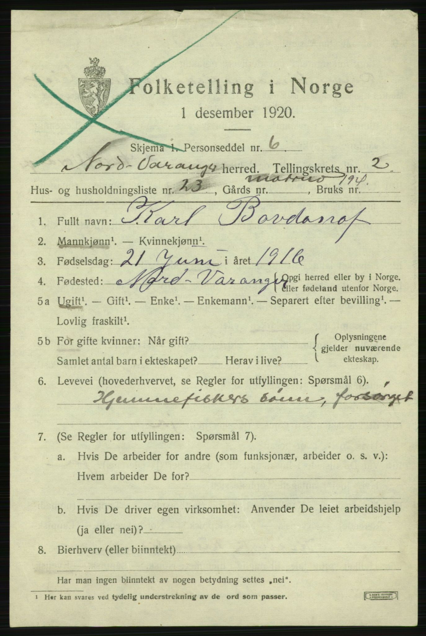 SATØ, 1920 census for Nord-Varanger, 1920, p. 1218