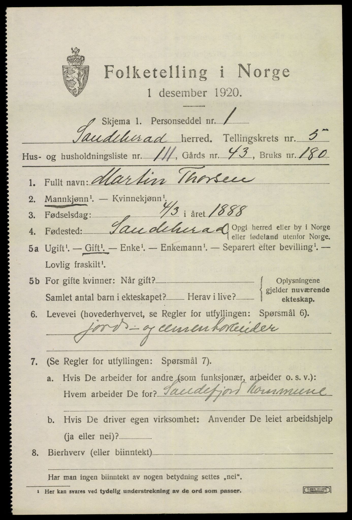 SAKO, 1920 census for Sandeherred, 1920, p. 9546