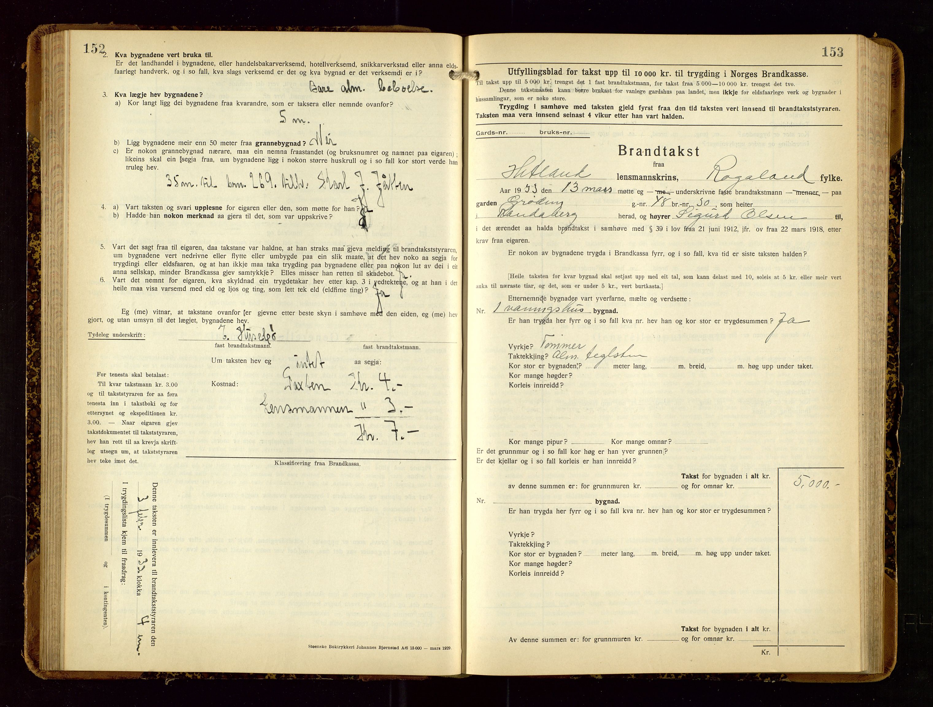 Hetland lensmannskontor, AV/SAST-A-100101/Gob/L0003: "Brandtakstbok", 1932-1934, p. 152-153