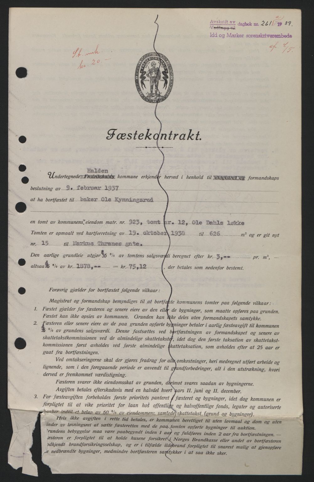 Idd og Marker sorenskriveri, AV/SAO-A-10283/G/Gb/Gbb/L0003: Mortgage book no. A3, 1938-1939, Diary no: : 261/1939