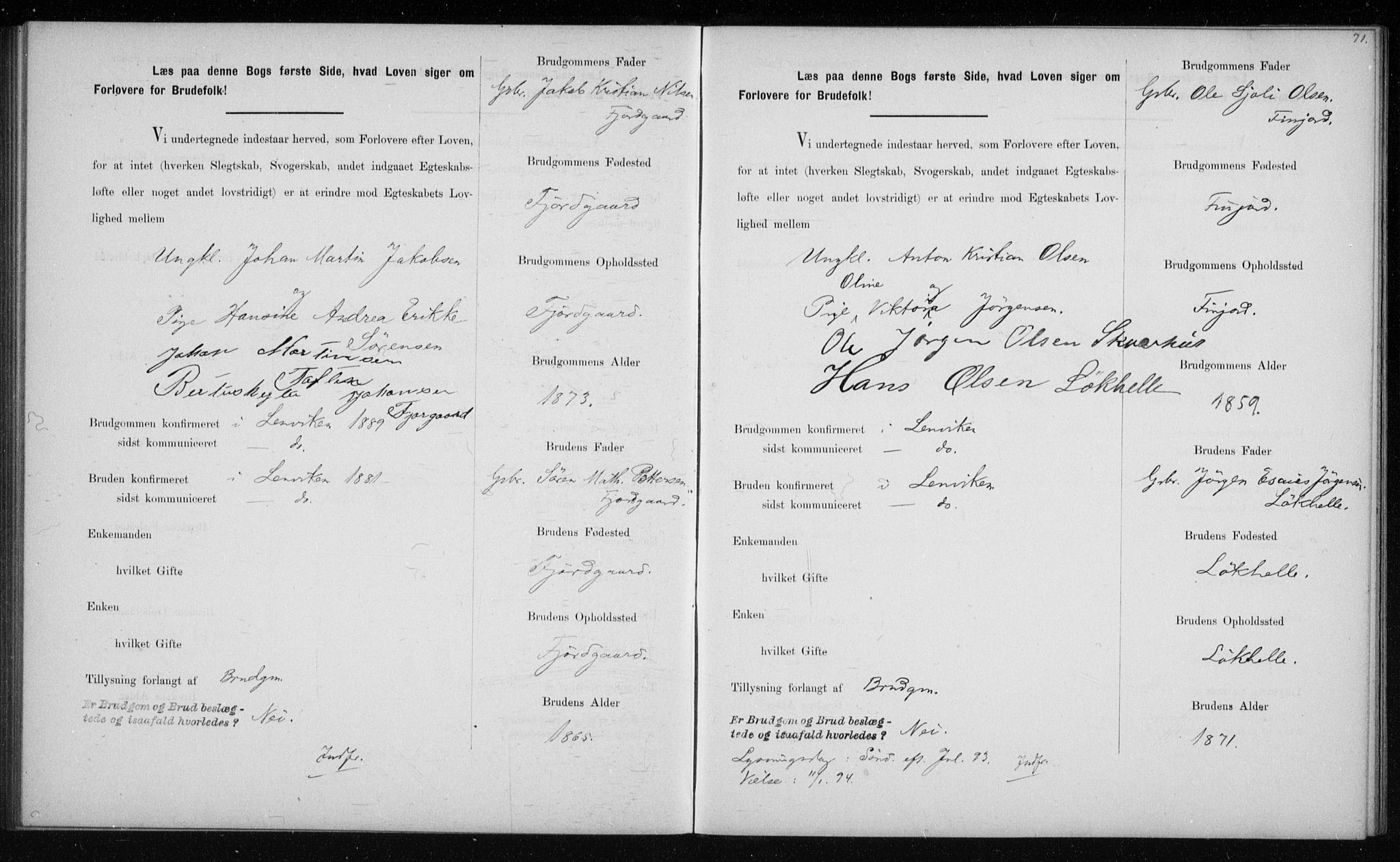 Lenvik sokneprestembete, AV/SATØ-S-1310/I/Ie/L0129: Banns register no. 129, 1890-1895, p. 71