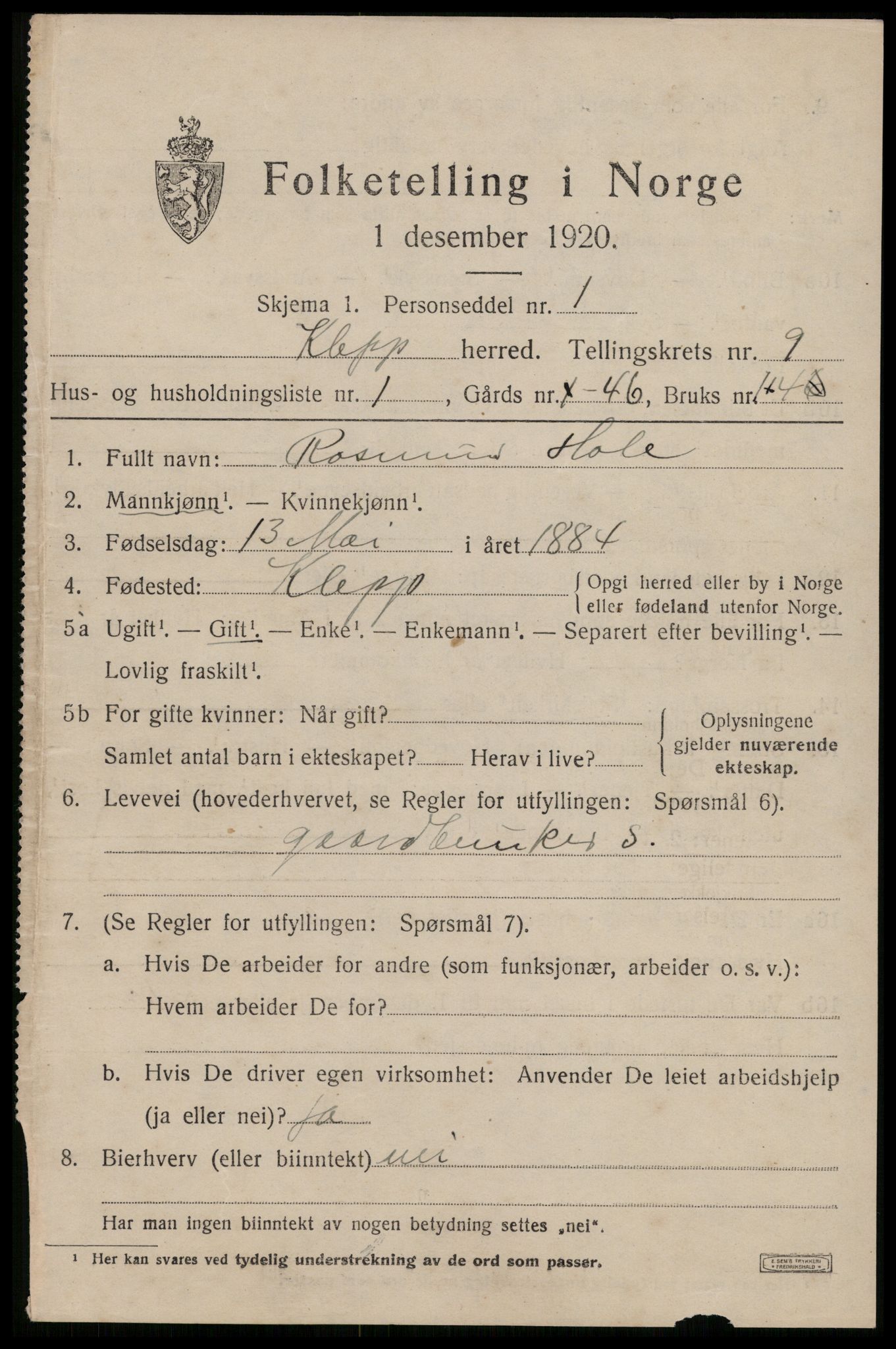 SAST, 1920 census for Klepp, 1920, p. 7556