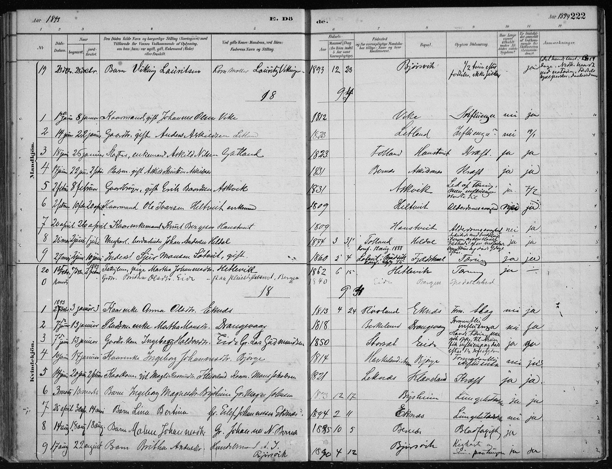 Hosanger sokneprestembete, AV/SAB-A-75801/H/Haa: Parish register (official) no. B  1, 1880-1896, p. 222