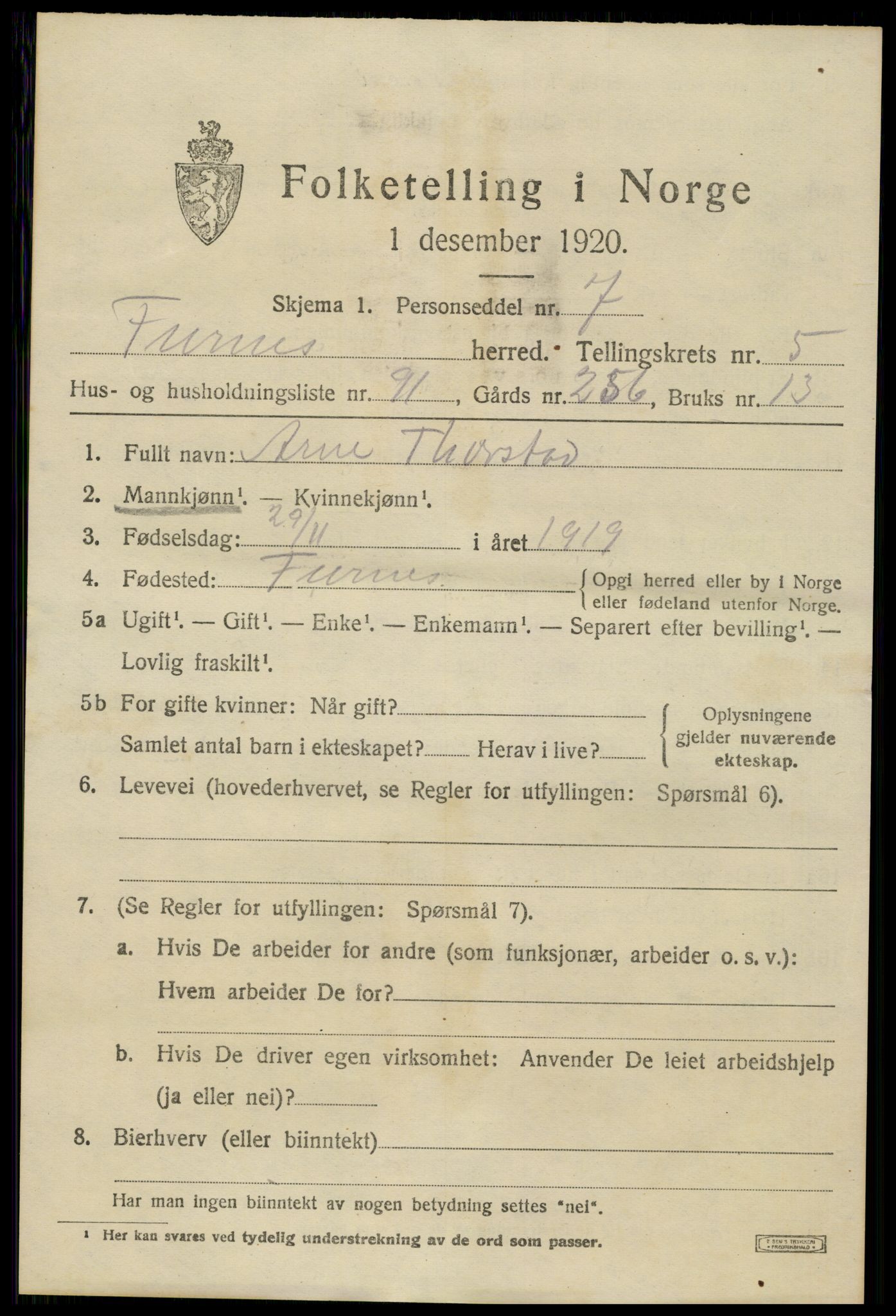 SAH, 1920 census for Furnes, 1920, p. 8161