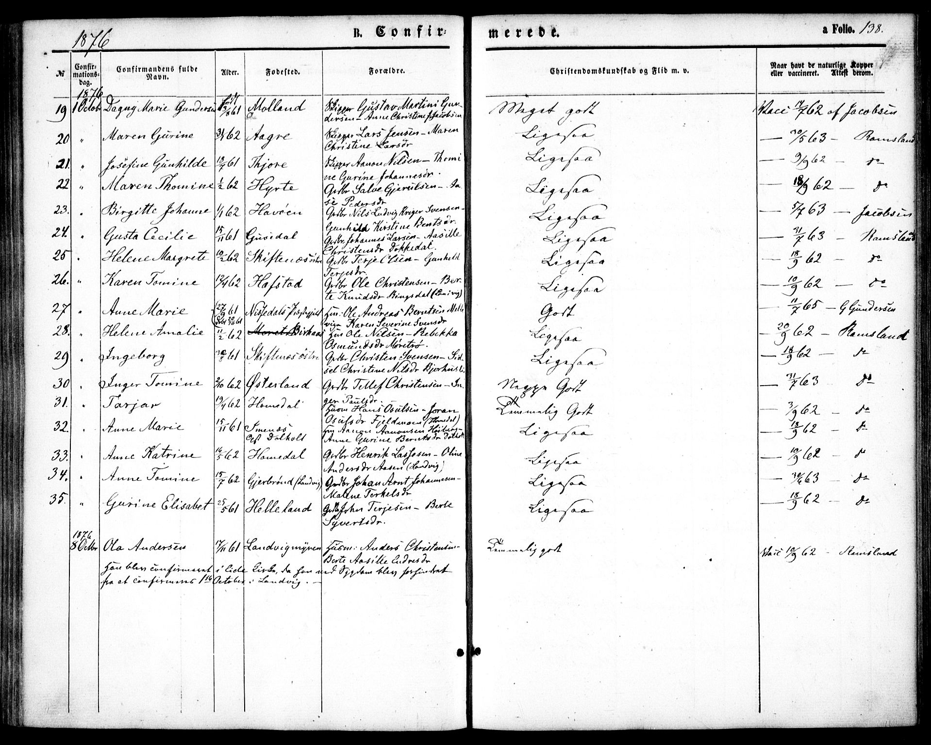 Hommedal sokneprestkontor, AV/SAK-1111-0023/F/Fa/Fab/L0005: Parish register (official) no. A 5, 1861-1877, p. 138