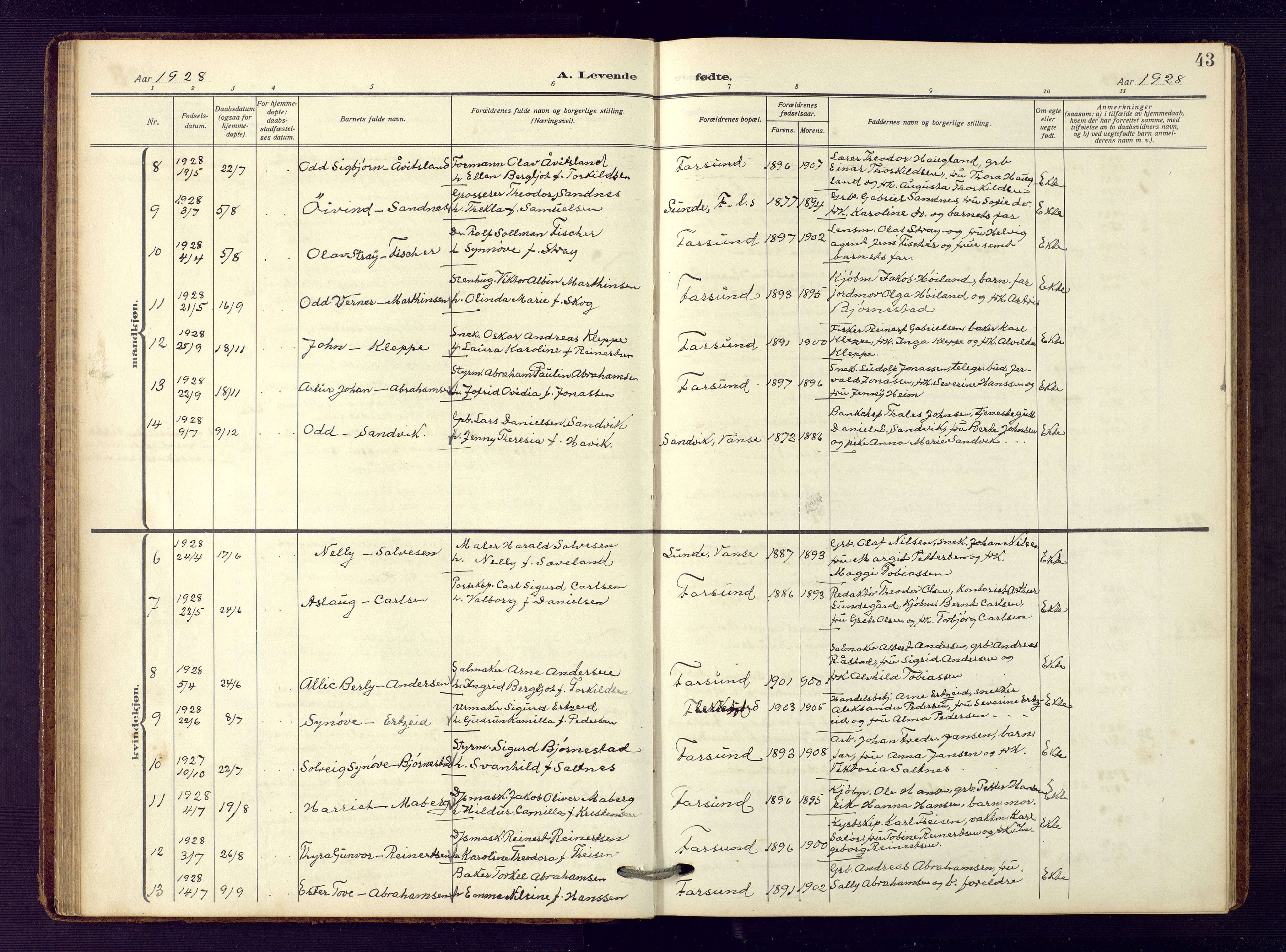 Farsund sokneprestkontor, SAK/1111-0009/F/Fb/L0002: Parish register (copy) no. B 2, 1914-1958, p. 43