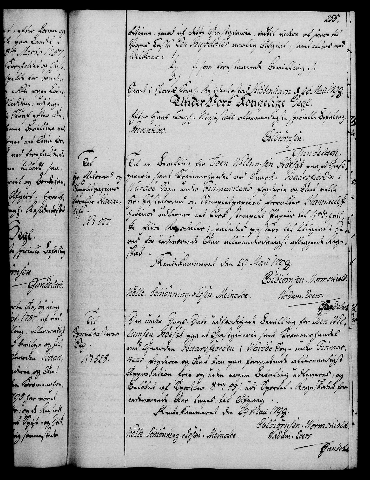 Rentekammeret, Kammerkanselliet, AV/RA-EA-3111/G/Gg/Gga/L0016: Norsk ekspedisjonsprotokoll med register (merket RK 53.16), 1794-1800, p. 255