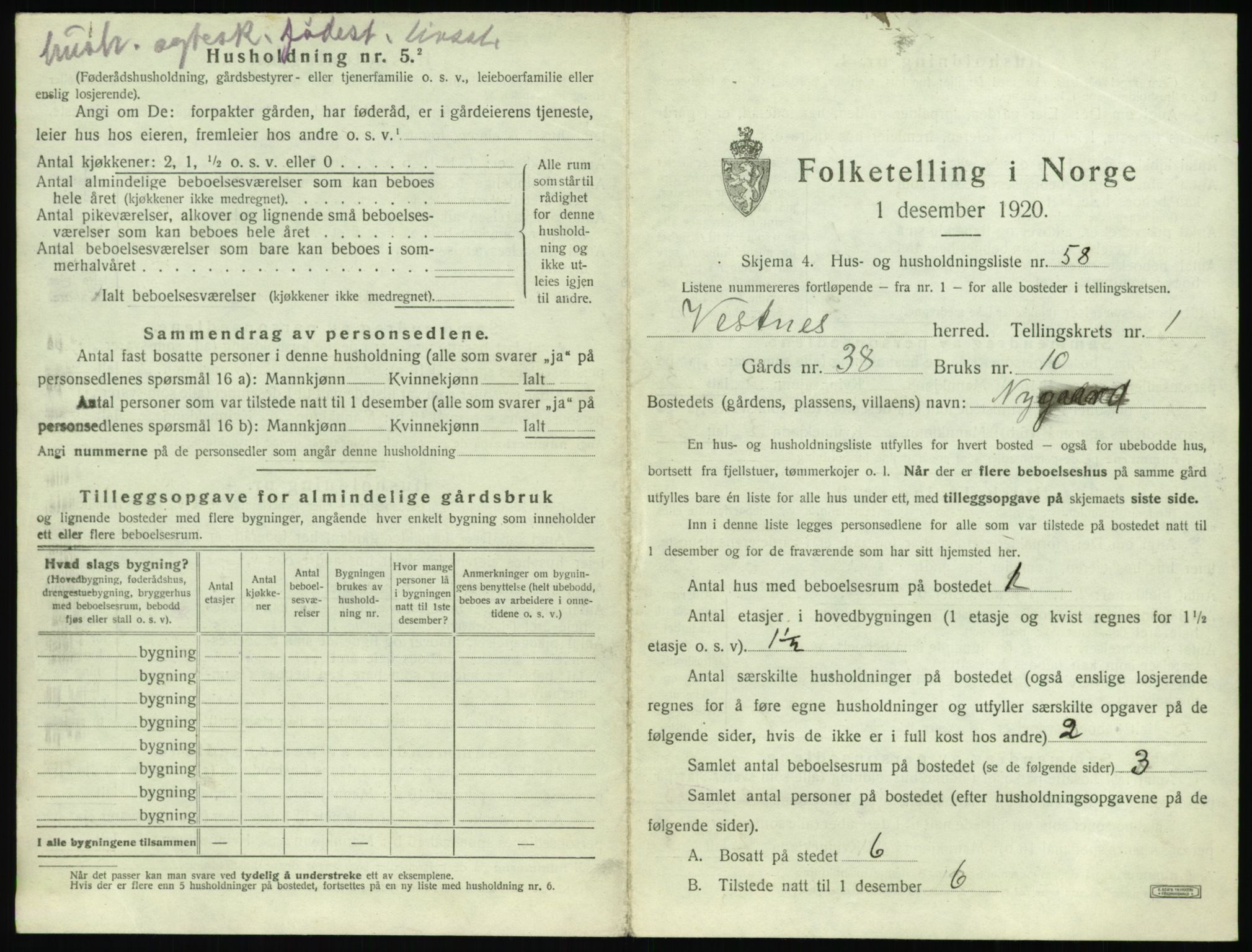 SAT, 1920 census for Vestnes, 1920, p. 157