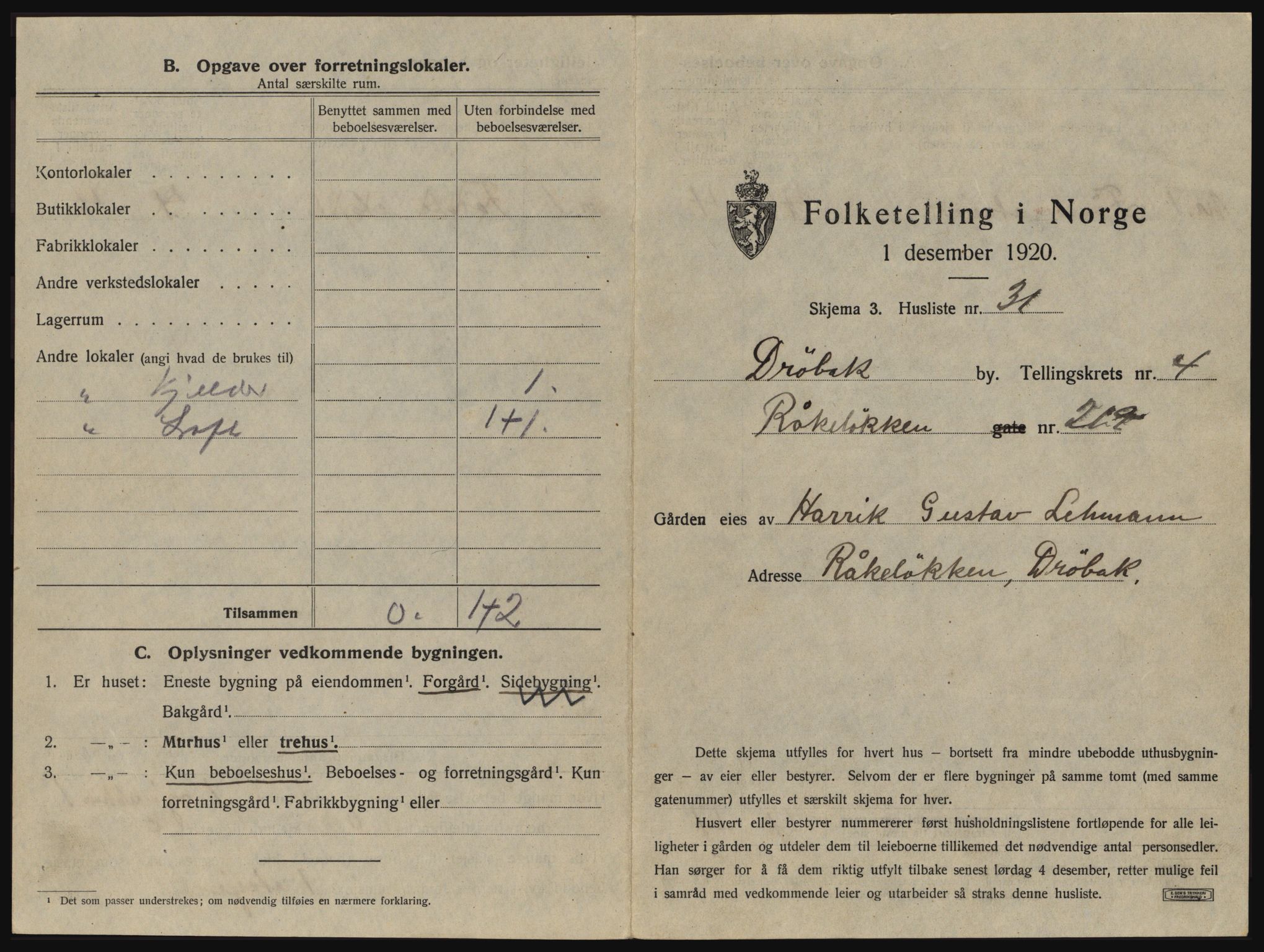 SAO, 1920 census for Drøbak, 1920, p. 427