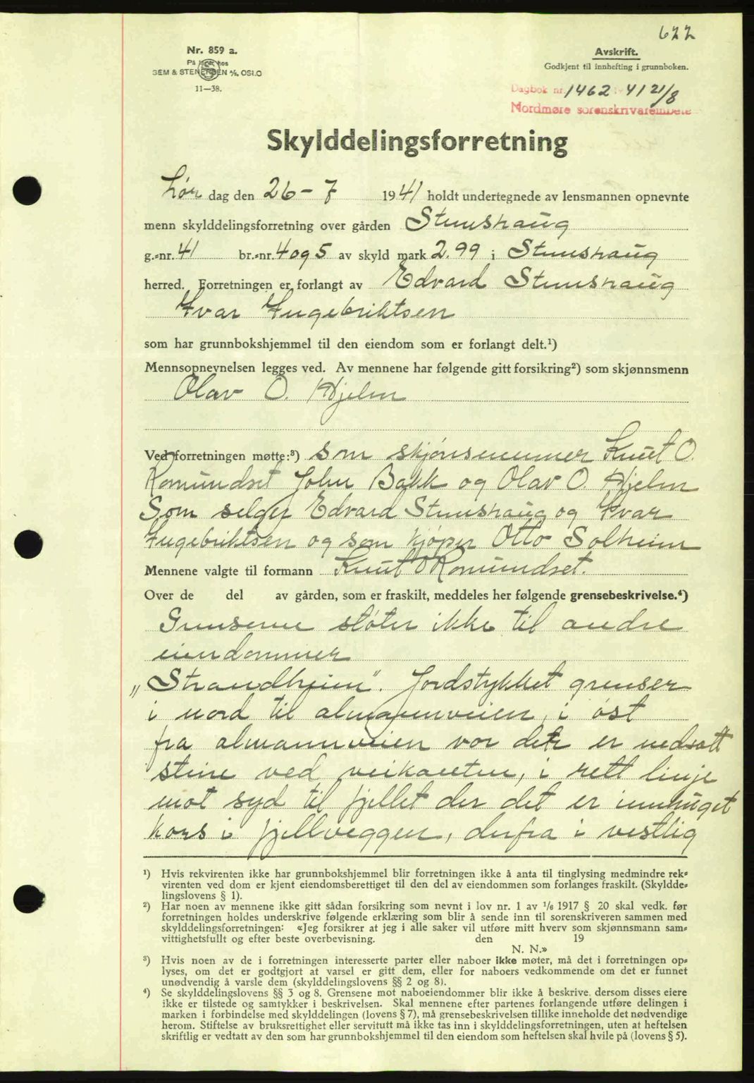 Nordmøre sorenskriveri, SAT/A-4132/1/2/2Ca: Mortgage book no. A90, 1941-1941, Diary no: : 1462/1941