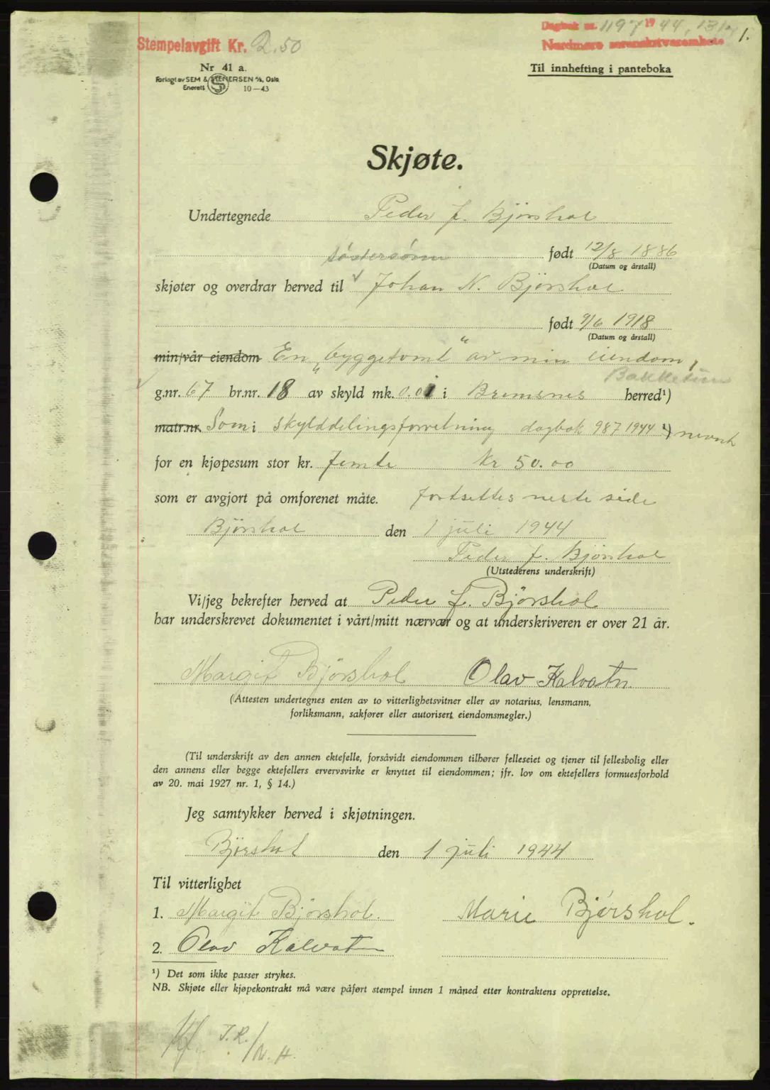 Nordmøre sorenskriveri, AV/SAT-A-4132/1/2/2Ca: Mortgage book no. A98, 1944-1944, Diary no: : 1198/1944