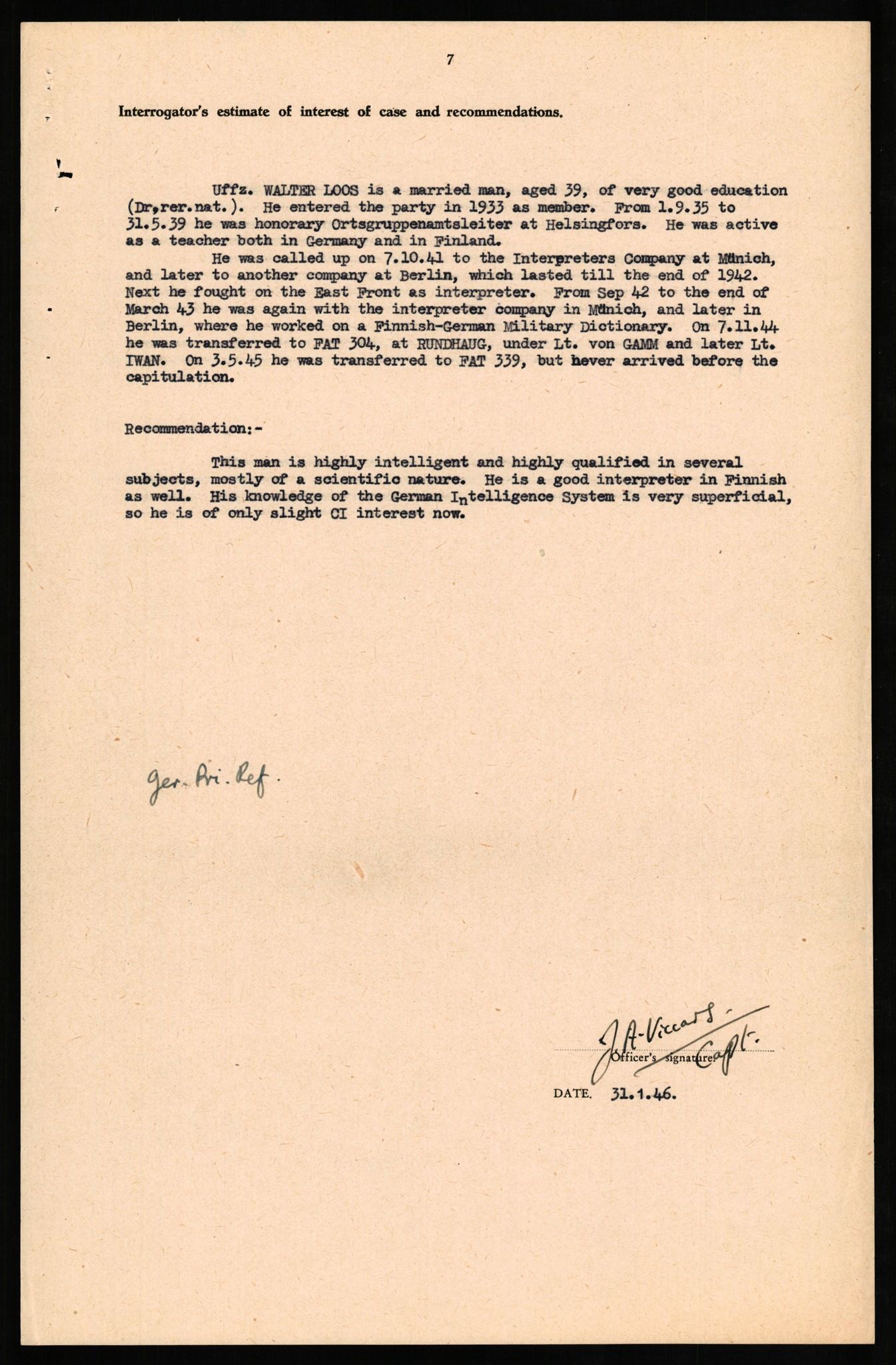 Forsvaret, Forsvarets overkommando II, RA/RAFA-3915/D/Db/L0020: CI Questionaires. Tyske okkupasjonsstyrker i Norge. Tyskere., 1945-1946, p. 310