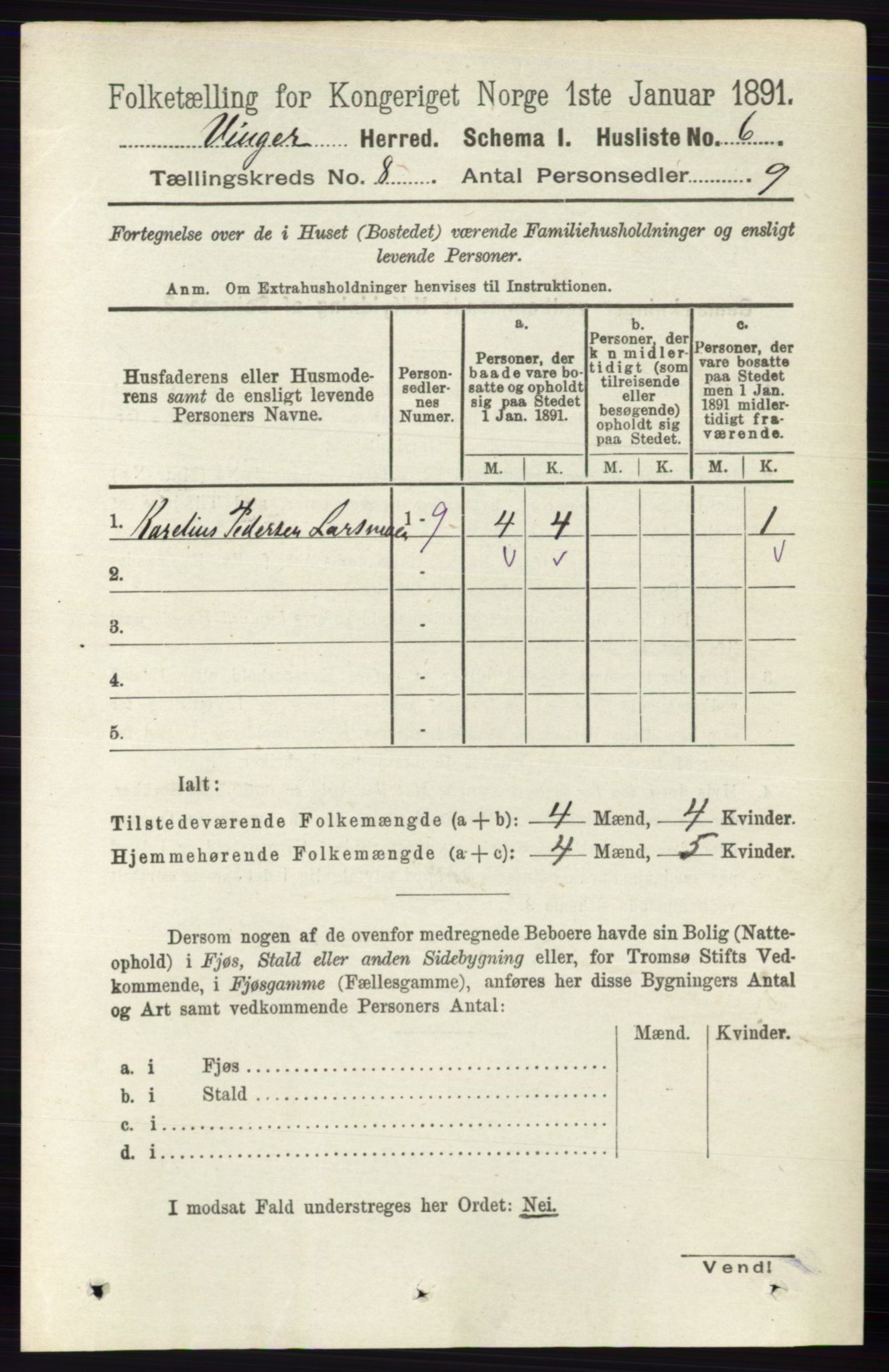 RA, 1891 census for 0421 Vinger, 1891, p. 3531