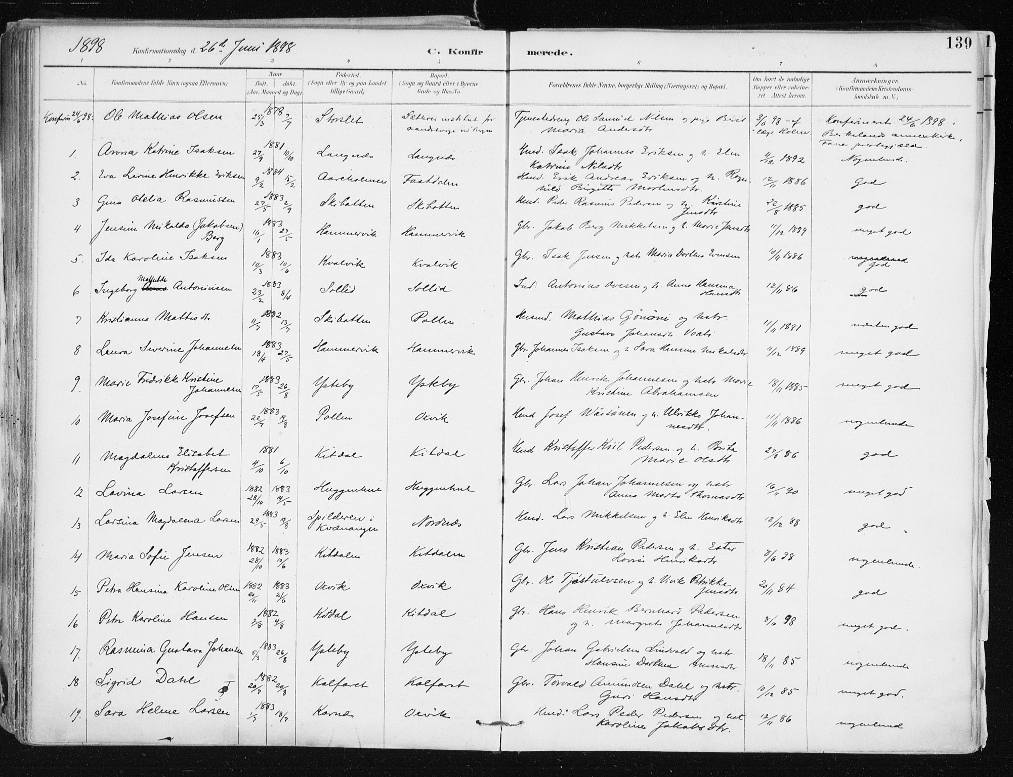 Lyngen sokneprestembete, SATØ/S-1289/H/He/Hea/L0008kirke: Parish register (official) no. 8, 1891-1902, p. 139