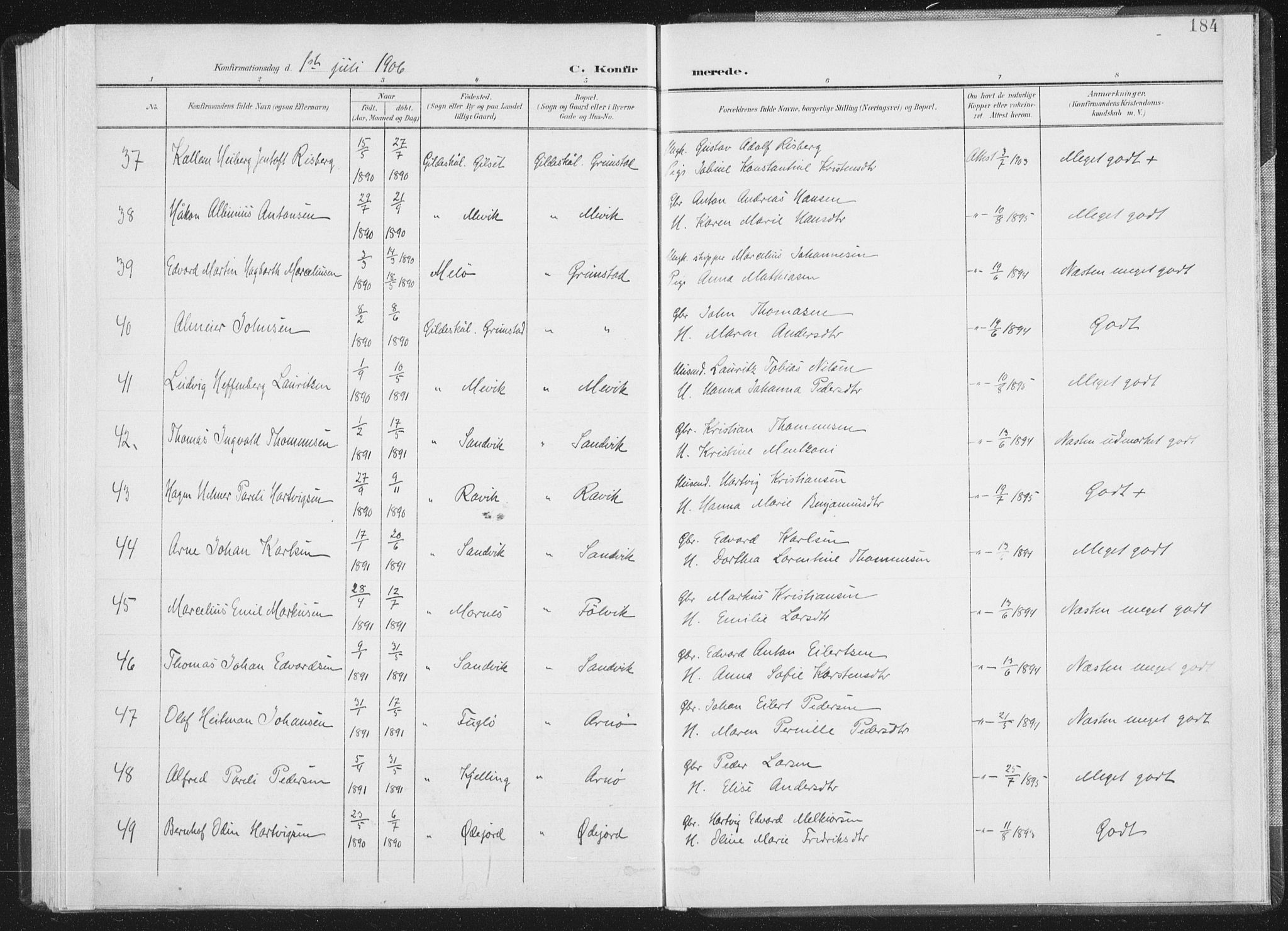 Ministerialprotokoller, klokkerbøker og fødselsregistre - Nordland, AV/SAT-A-1459/805/L0102: Parish register (official) no. 805A08I, 1900-1909, p. 184