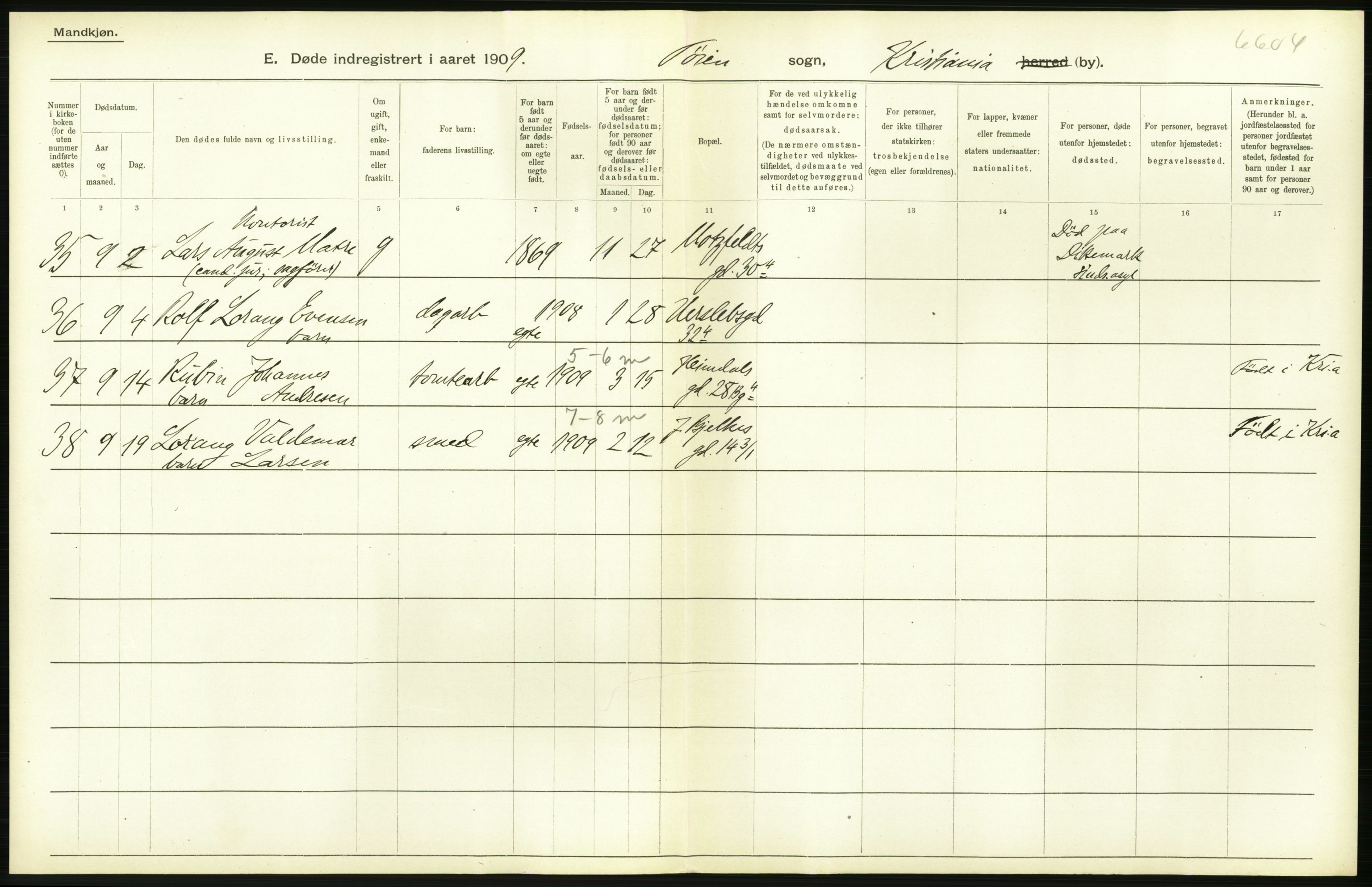 Statistisk sentralbyrå, Sosiodemografiske emner, Befolkning, AV/RA-S-2228/D/Df/Dfa/Dfag/L0010: Kristiania: Døde, dødfødte., 1909, p. 126