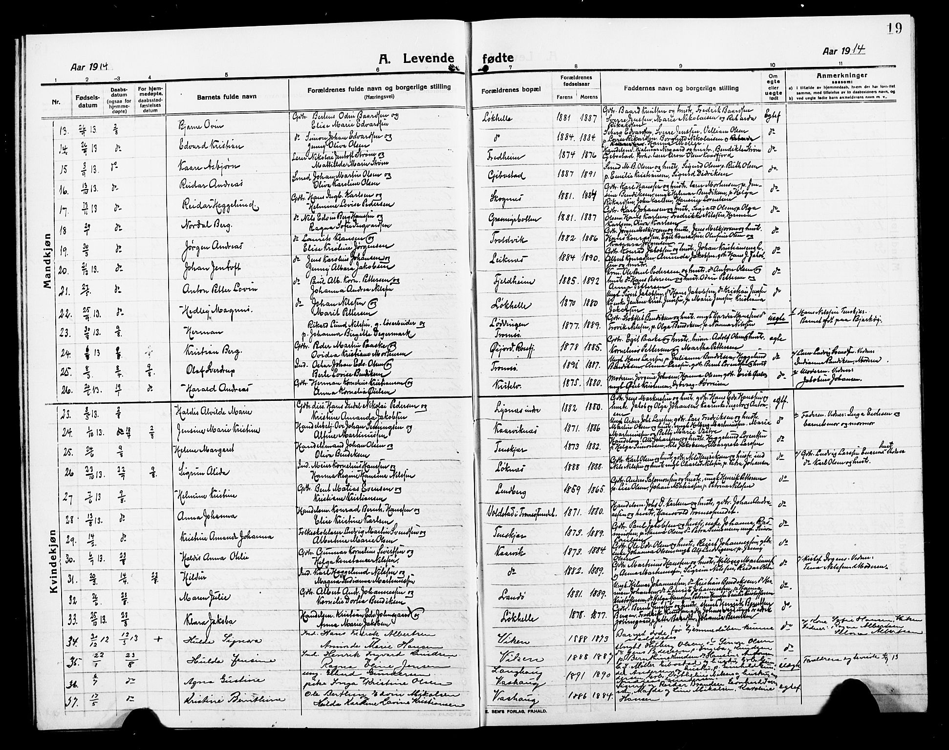 Lenvik sokneprestembete, AV/SATØ-S-1310/H/Ha/Hab/L0009klokker: Parish register (copy) no. 9, 1912-1926, p. 19