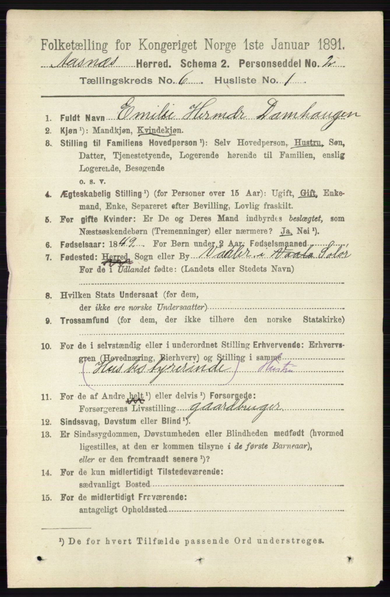 RA, 1891 census for 0425 Åsnes, 1891, p. 2794