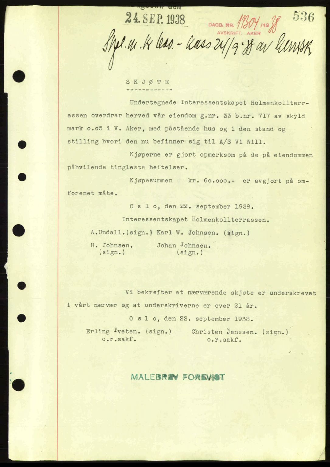 Aker herredsskriveri, SAO/A-10896/G/Gb/Gba/Gbab/L0025: Mortgage book no. A154-155, 1938-1938, Diary no: : 11304/1938