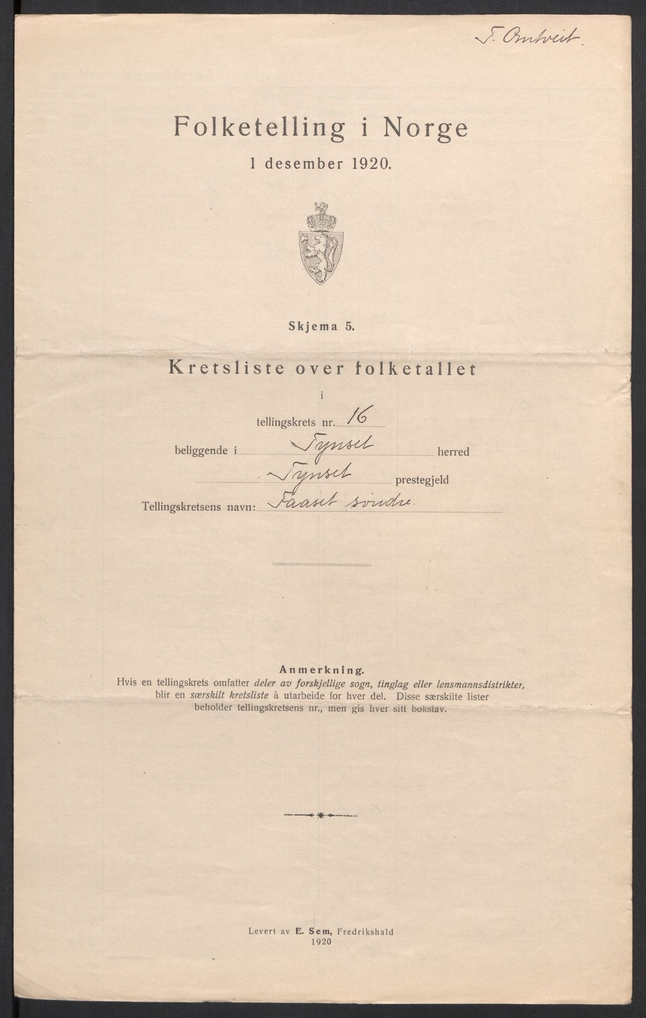 SAH, 1920 census for Tynset, 1920, p. 65