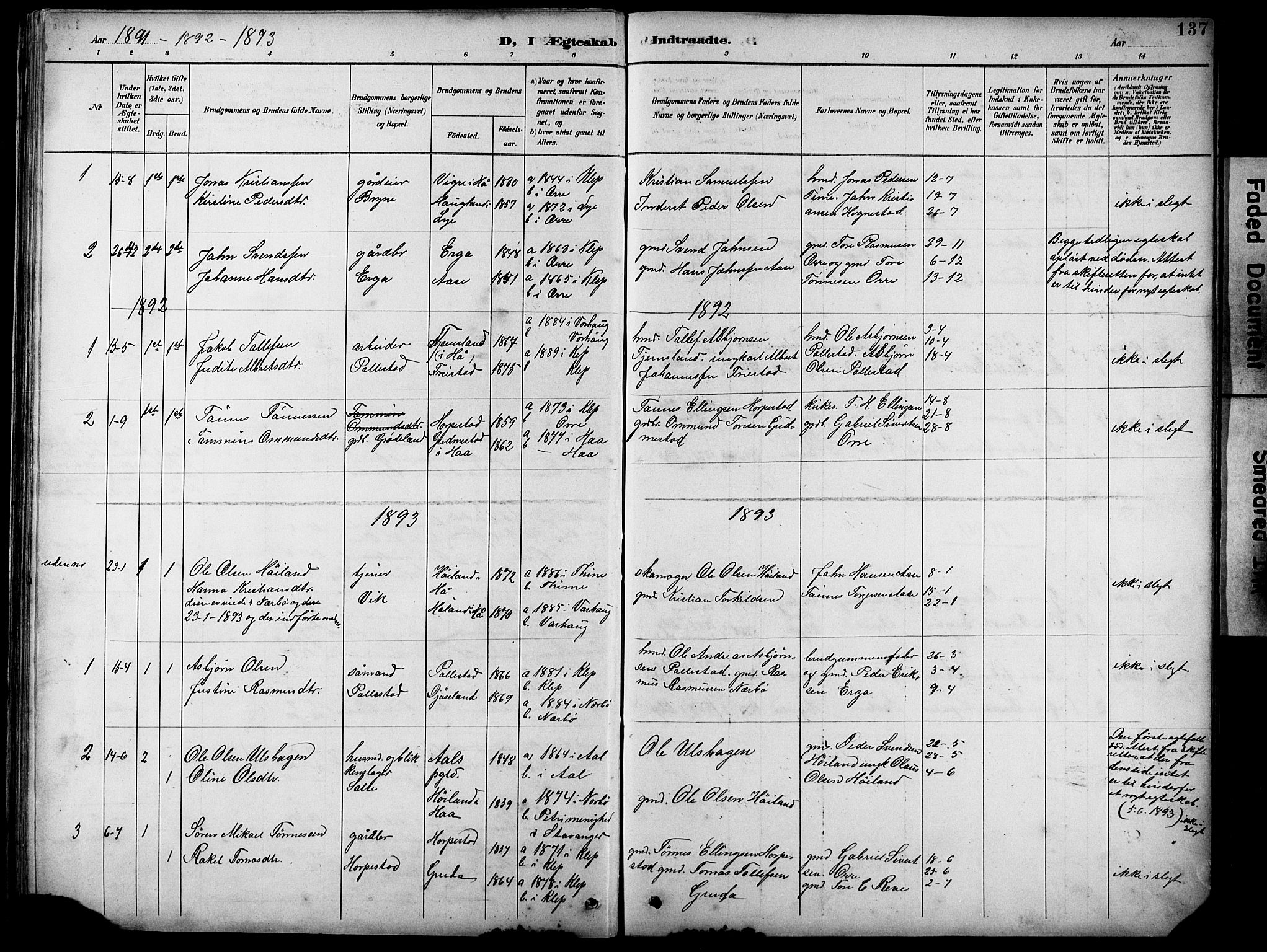 Klepp sokneprestkontor, SAST/A-101803/001/3/30BB/L0005: Parish register (copy) no. B 5, 1889-1918, p. 137