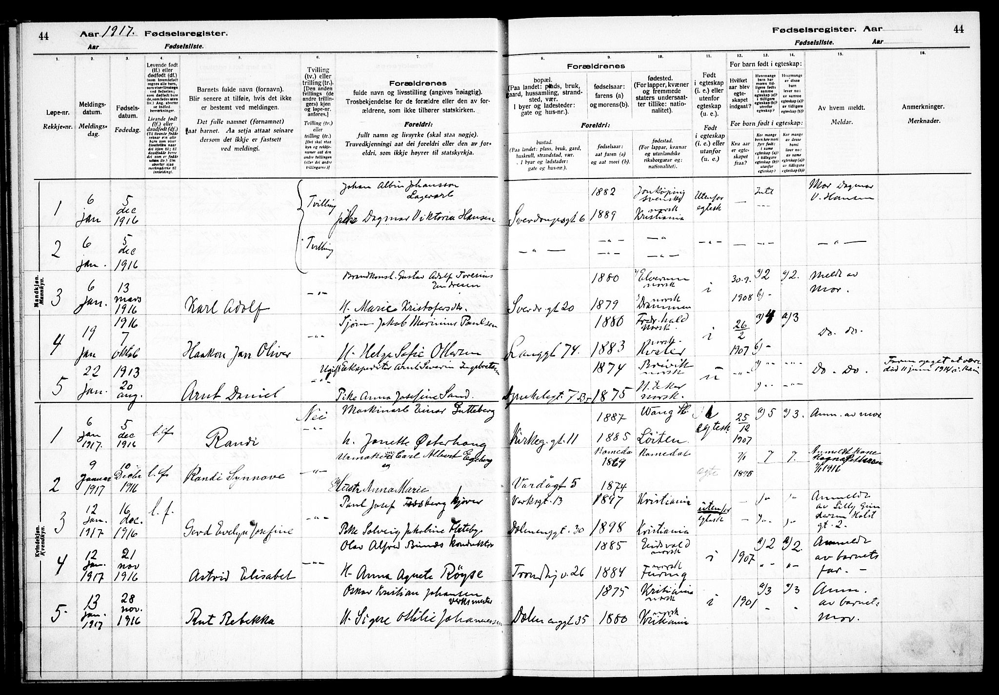 Petrus prestekontor Kirkebøker, AV/SAO-A-10872/J/Ja/L0001: Birth register no. 1, 1916-1922, p. 44