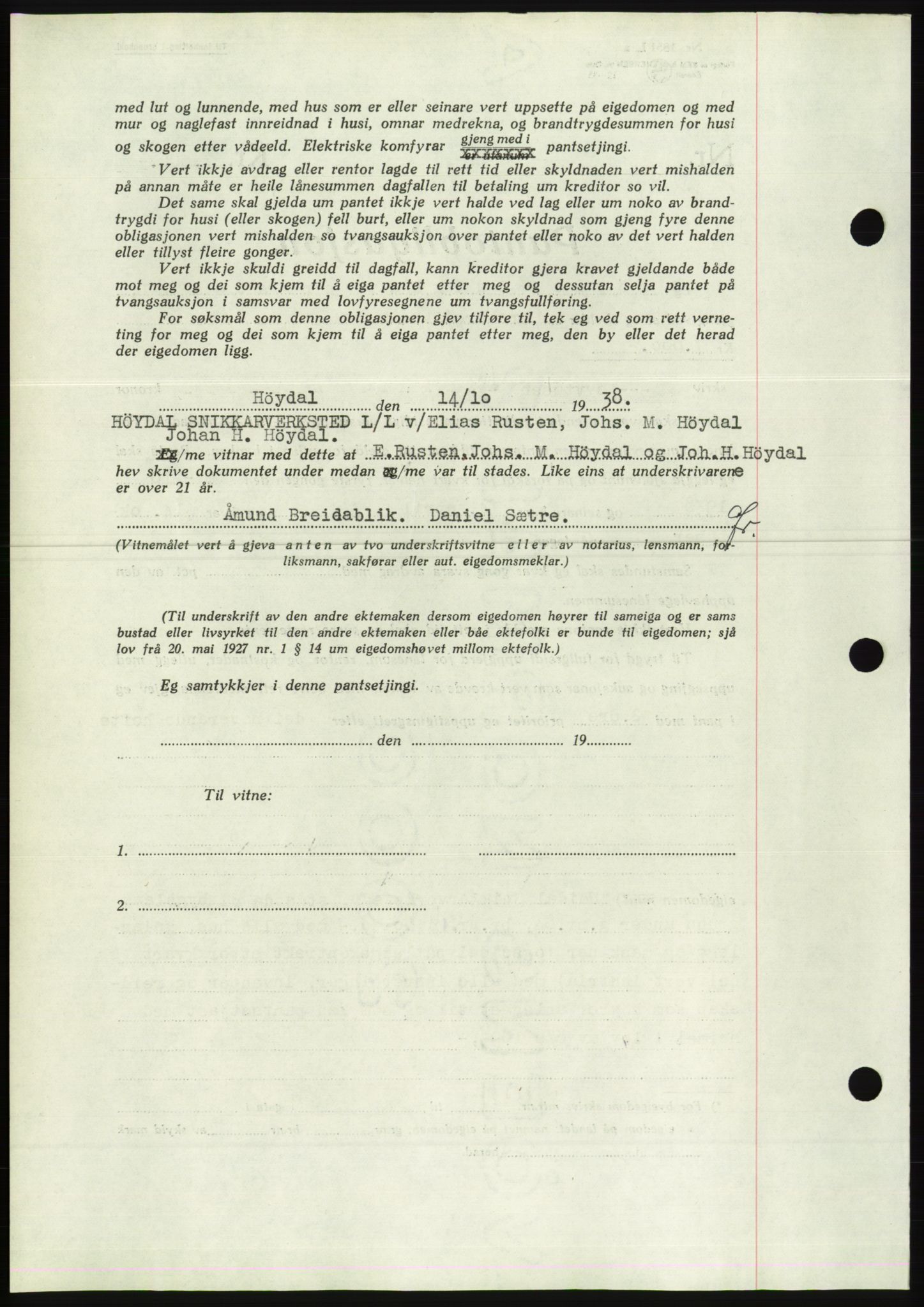 Søre Sunnmøre sorenskriveri, AV/SAT-A-4122/1/2/2C/L0066: Mortgage book no. 60, 1938-1938, Diary no: : 1481/1938