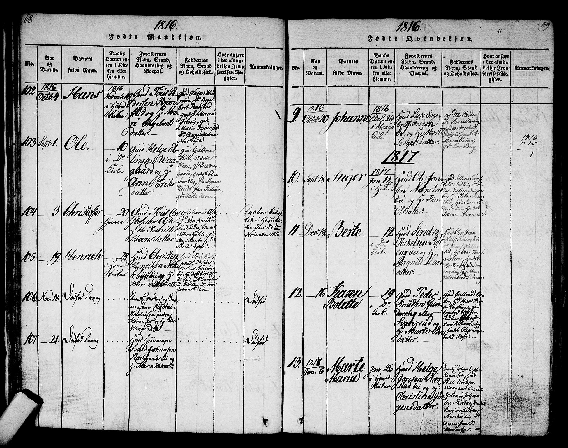 Norderhov kirkebøker, SAKO/A-237/G/Ga/L0002: Parish register (copy) no. I 2, 1814-1867, p. 68-69