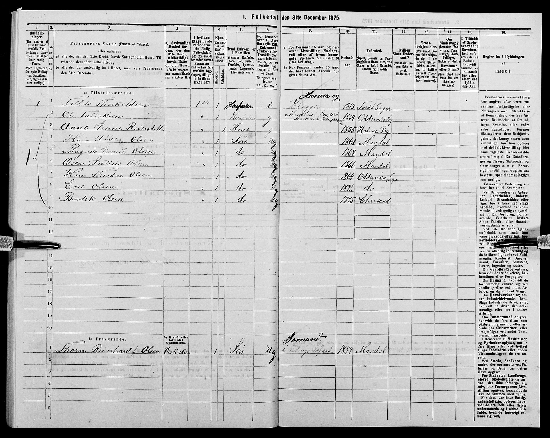 SAK, 1875 census for 1001P Kristiansand, 1875, p. 1698