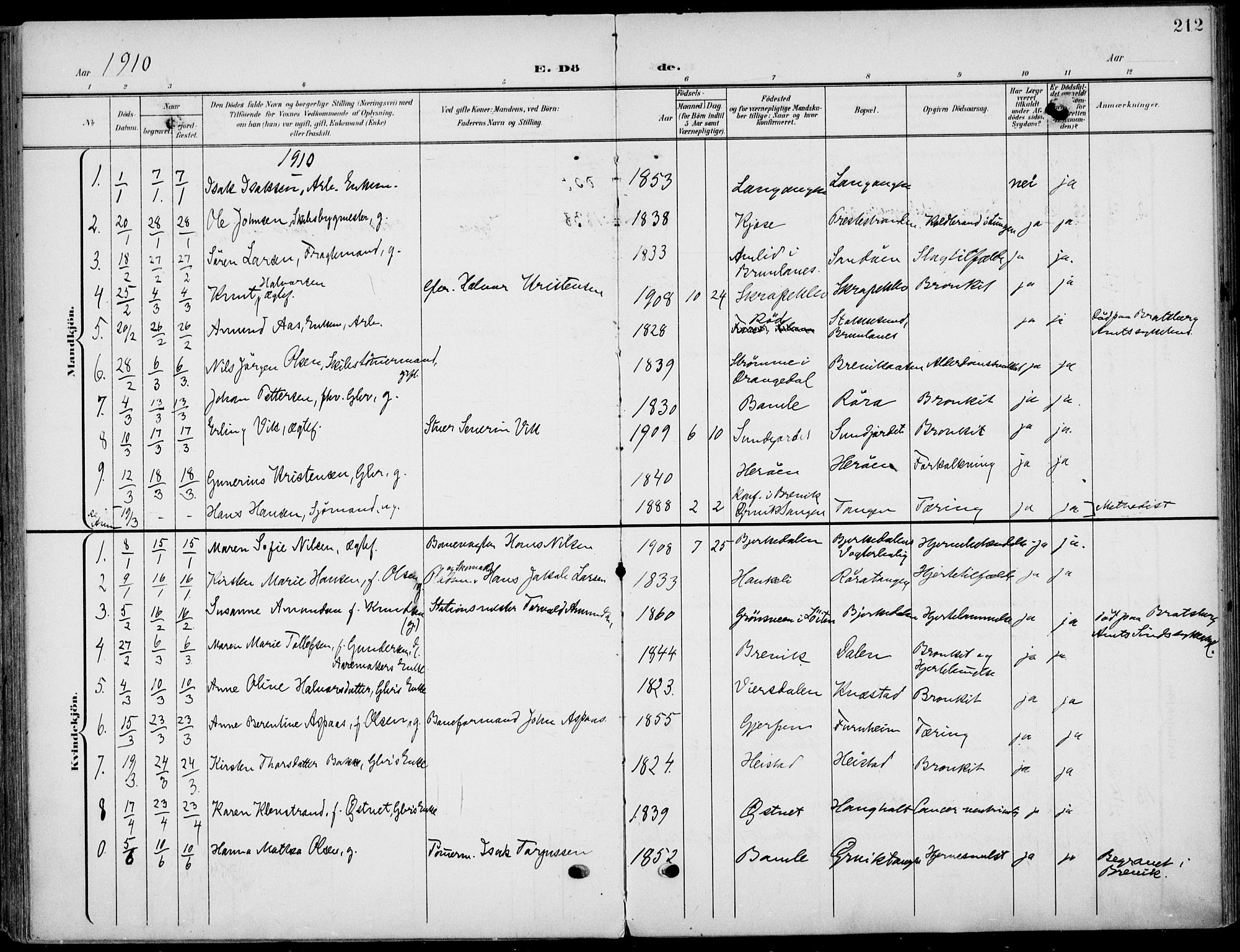 Eidanger kirkebøker, SAKO/A-261/F/Fa/L0013: Parish register (official) no. 13, 1900-1913, p. 212
