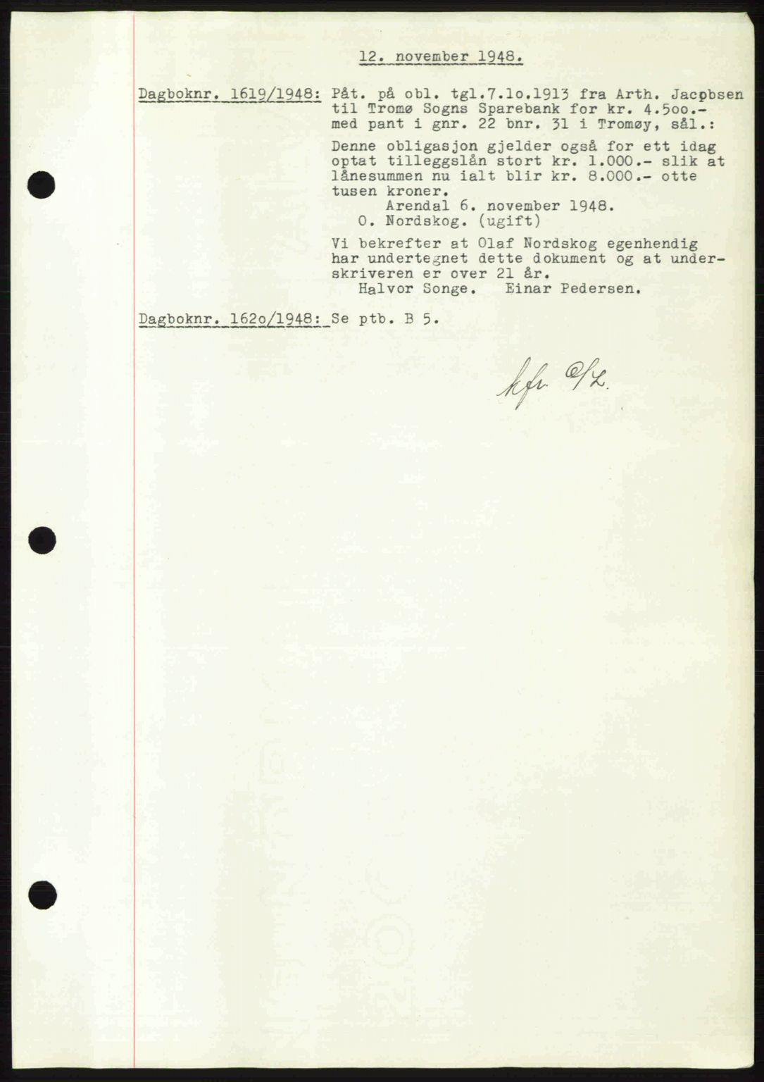Nedenes sorenskriveri, SAK/1221-0006/G/Gb/Gba/L0059: Mortgage book no. A11, 1948-1948, Diary no: : 1619/1948