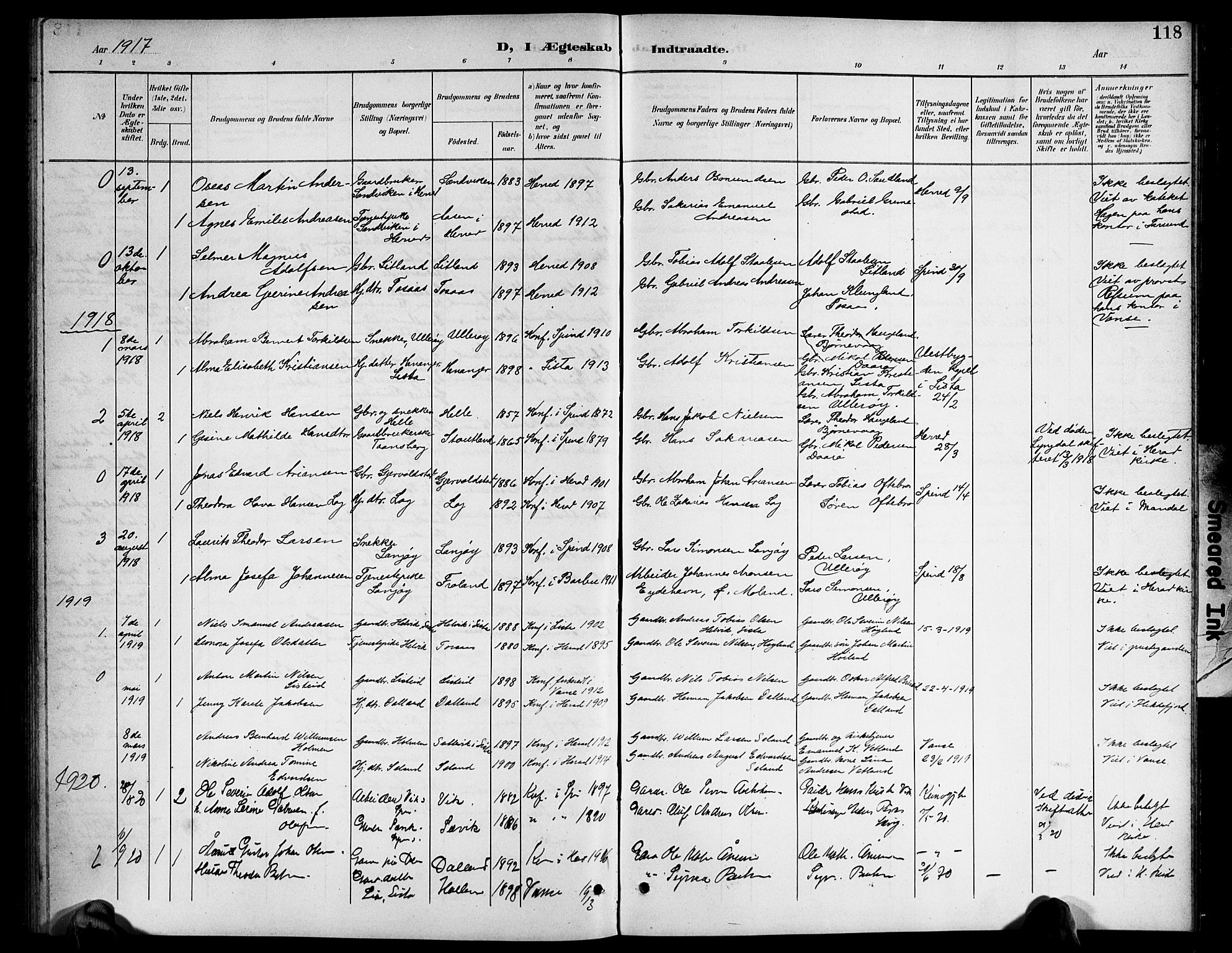 Herad sokneprestkontor, AV/SAK-1111-0018/F/Fb/Fba/L0005: Parish register (copy) no. B 5, 1899-1921, p. 118