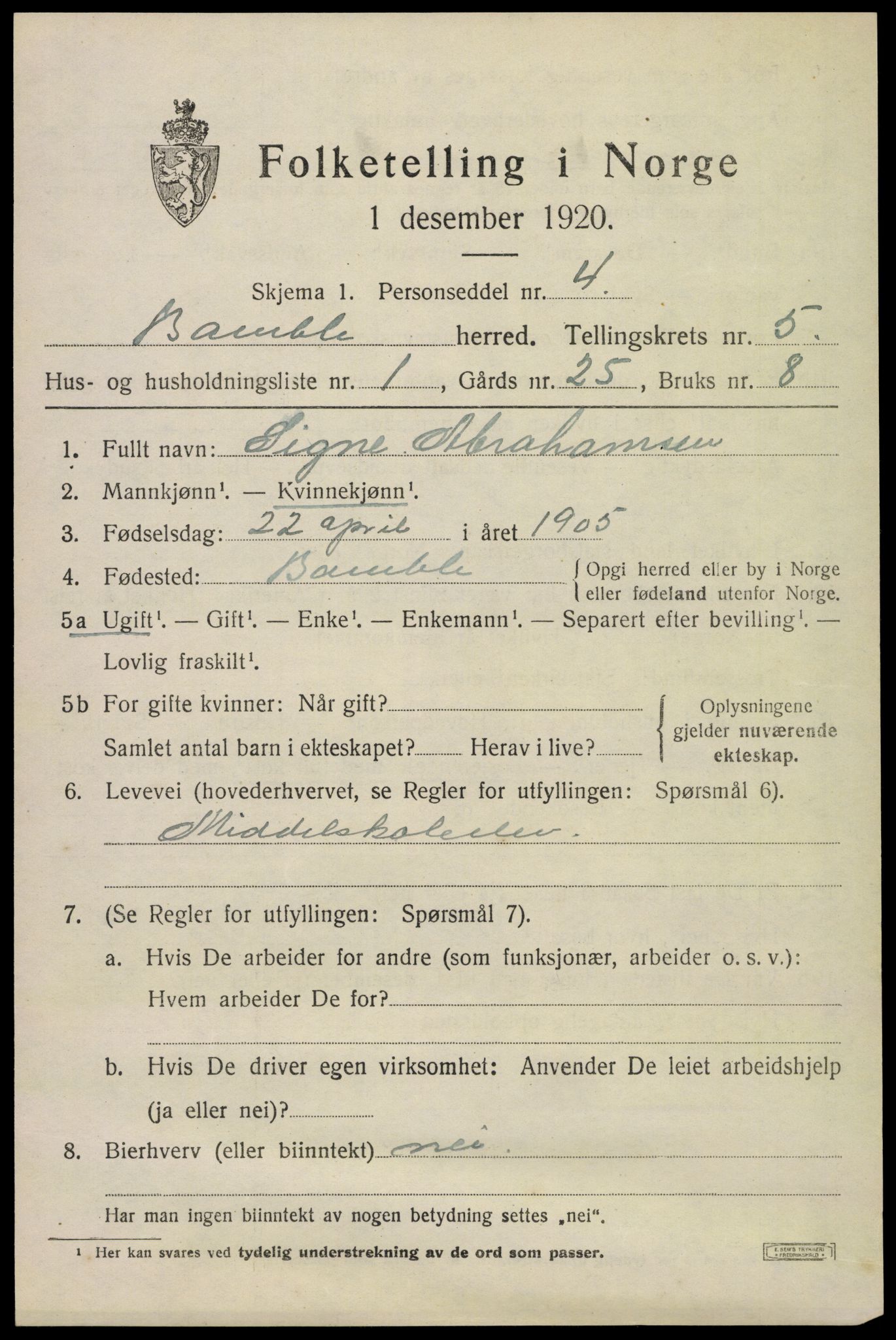 SAKO, 1920 census for Bamble, 1920, p. 4963