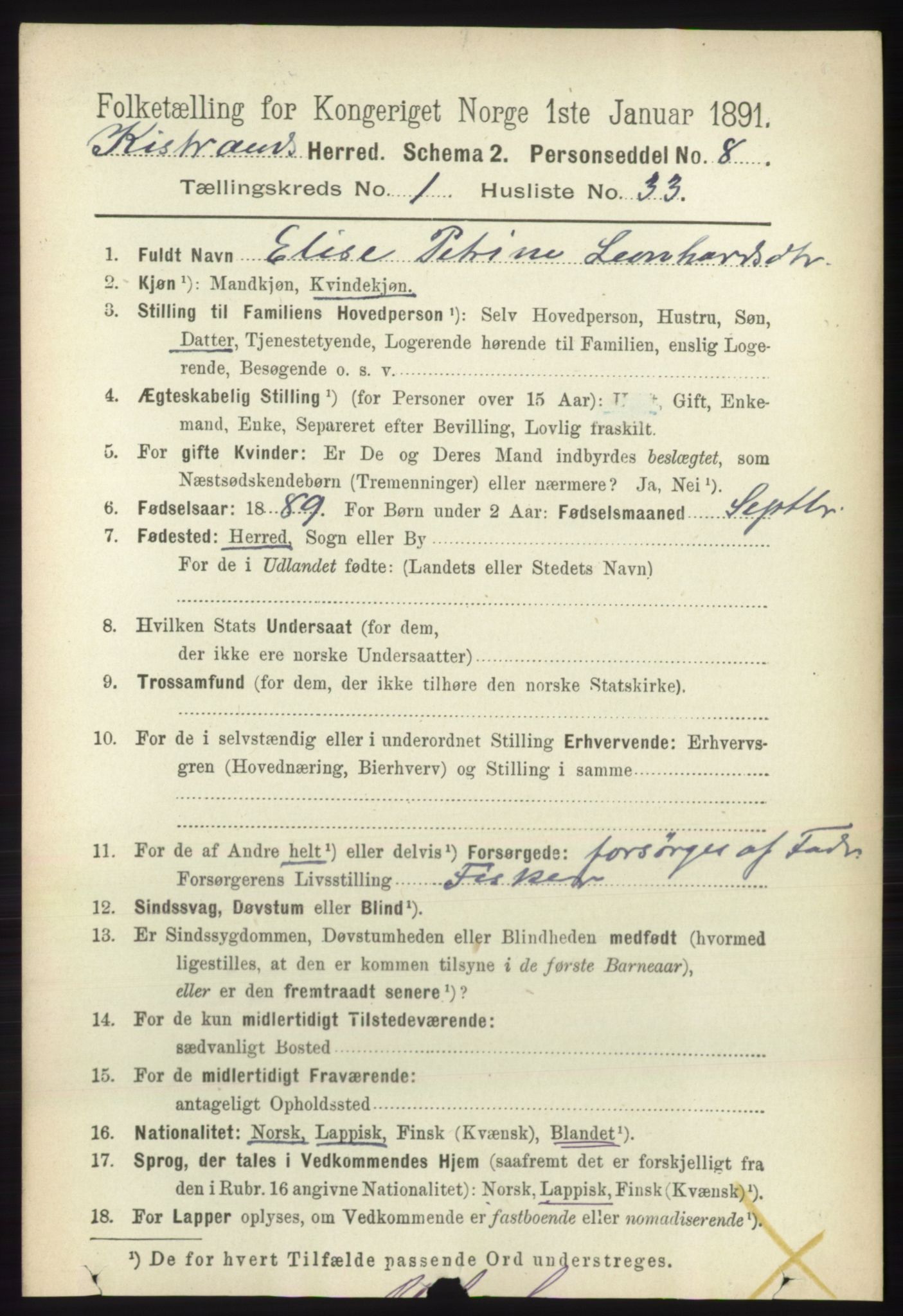 RA, 1891 census for 2020 Kistrand, 1891, p. 288