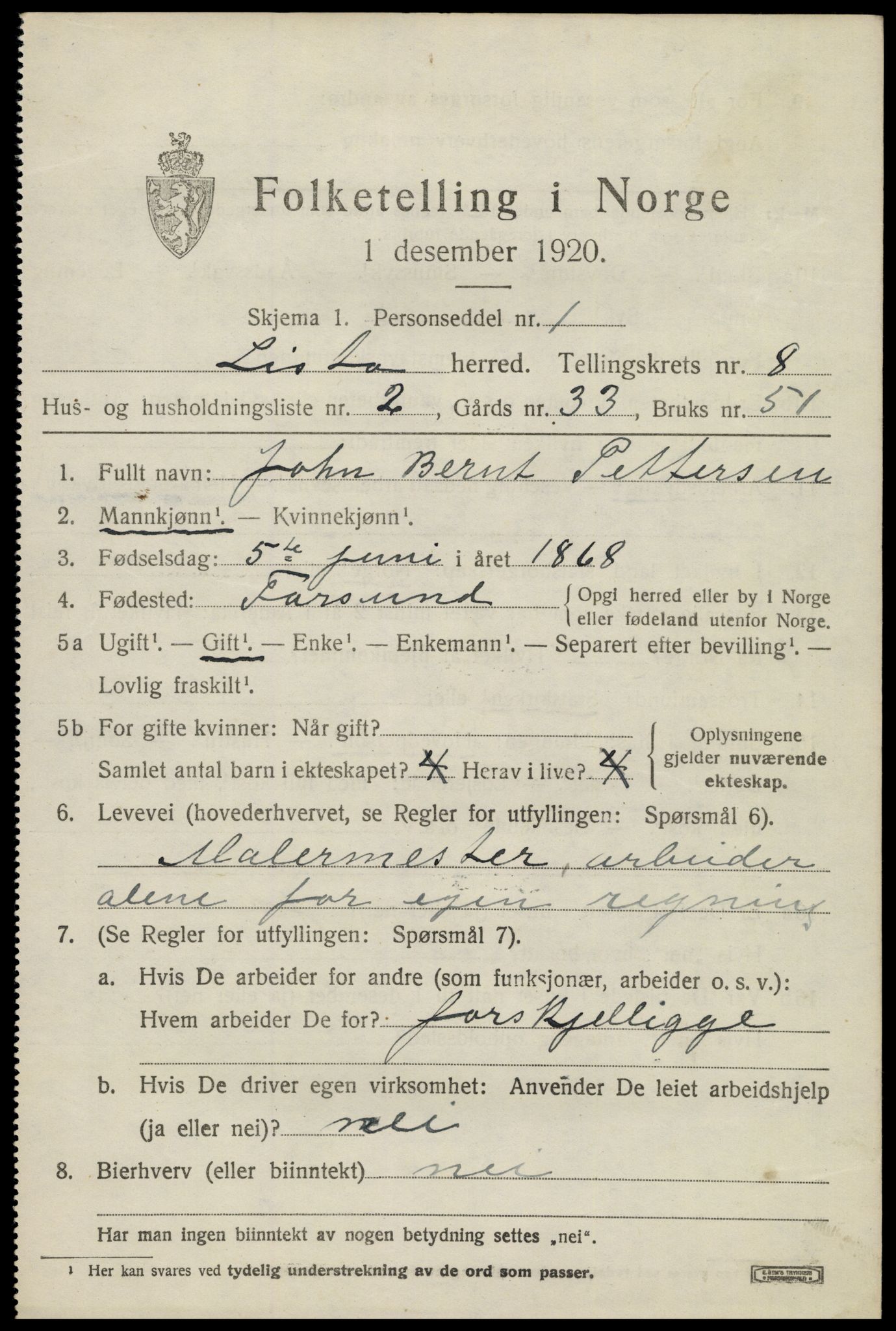 SAK, 1920 census for Lista, 1920, p. 7815