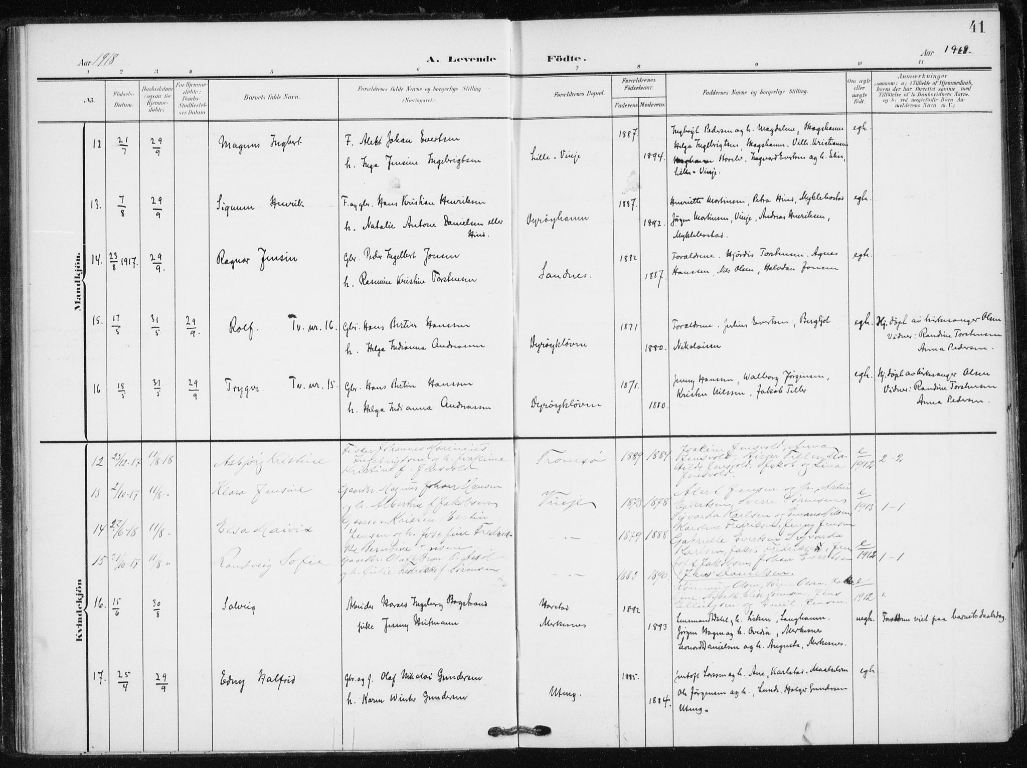 Tranøy sokneprestkontor, AV/SATØ-S-1313/I/Ia/Iaa/L0013kirke: Parish register (official) no. 13, 1905-1922, p. 41