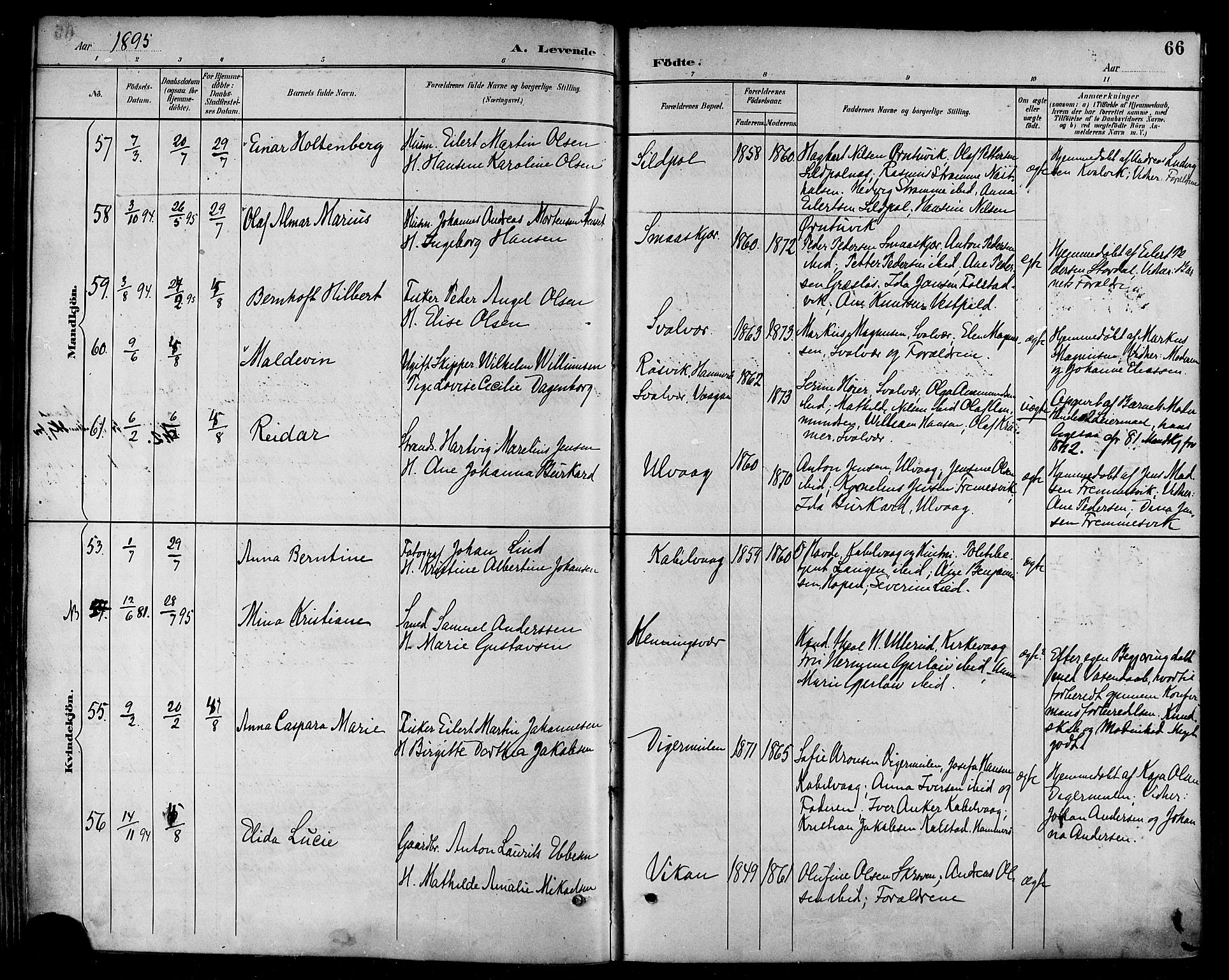 Ministerialprotokoller, klokkerbøker og fødselsregistre - Nordland, AV/SAT-A-1459/874/L1060: Parish register (official) no. 874A04, 1890-1899, p. 66