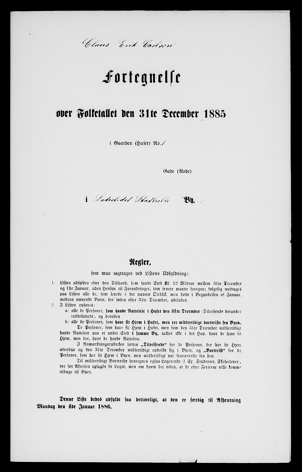 SAKO, 1885 census for 0803 Stathelle, 1885, p. 1